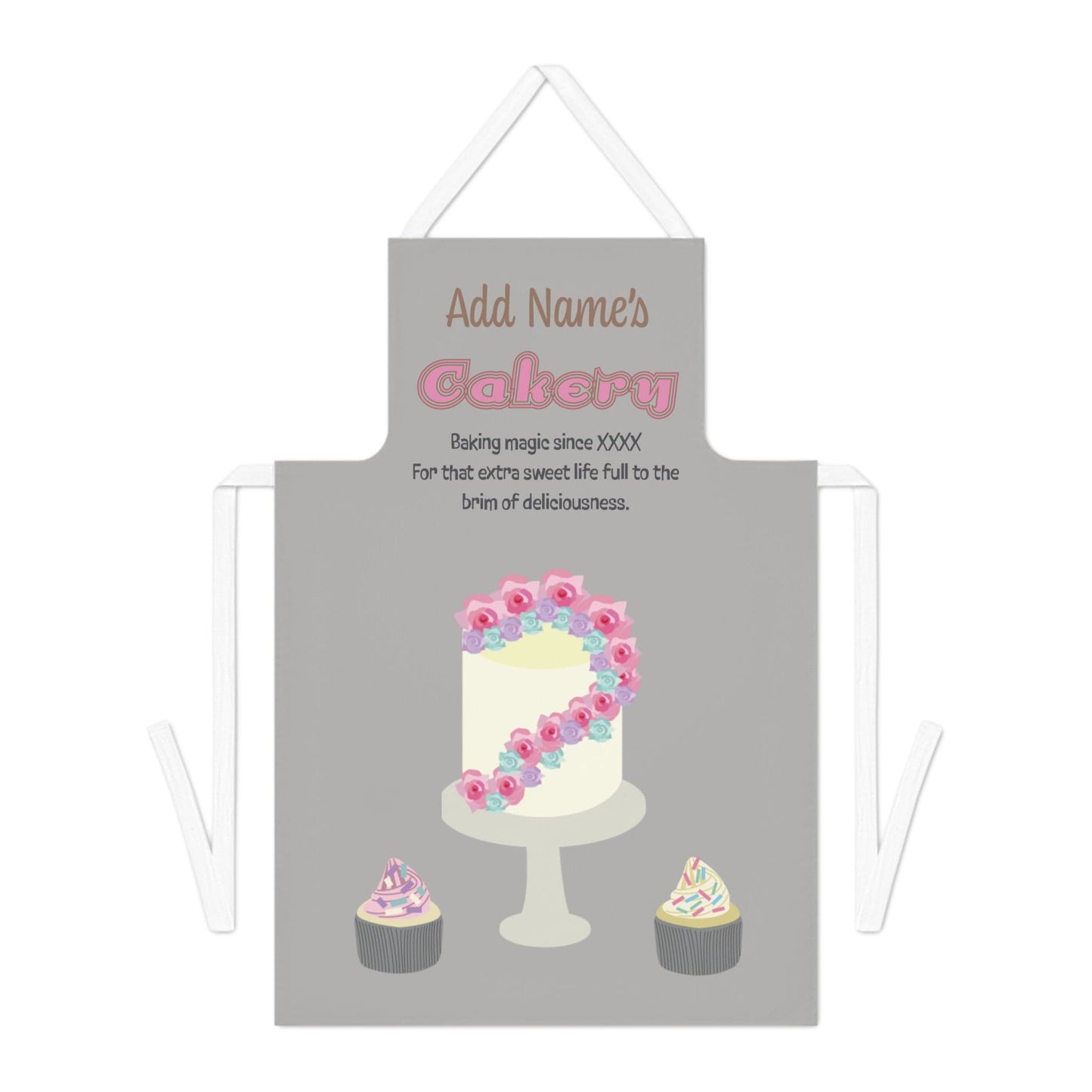 Printify Accessories One size / White Personalised Cakery Apron – Tall Tier Floral Cake & Cupcake Design