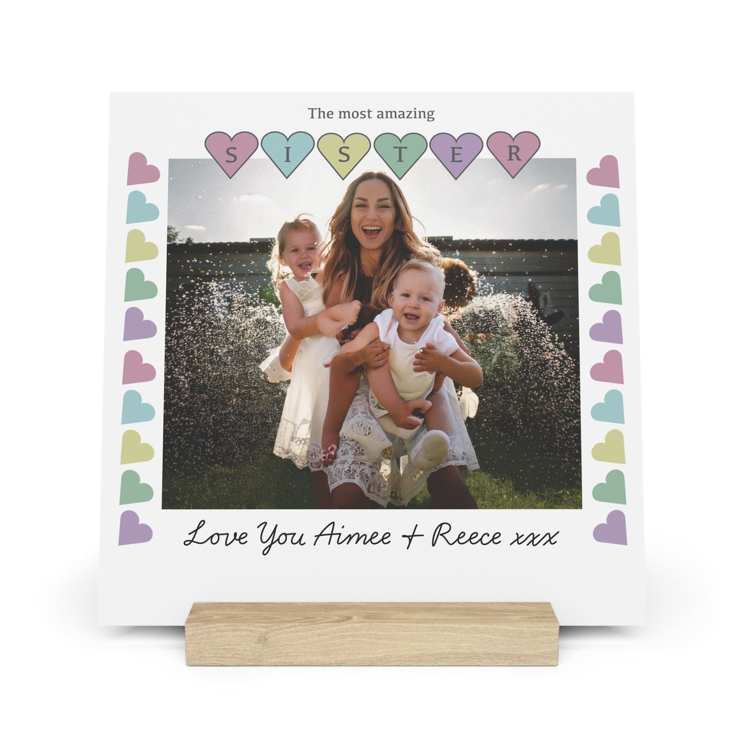 Printify Home Decor 10" x 10" (Square) / Oak Personalised Sister Photo Board With Stand Heart