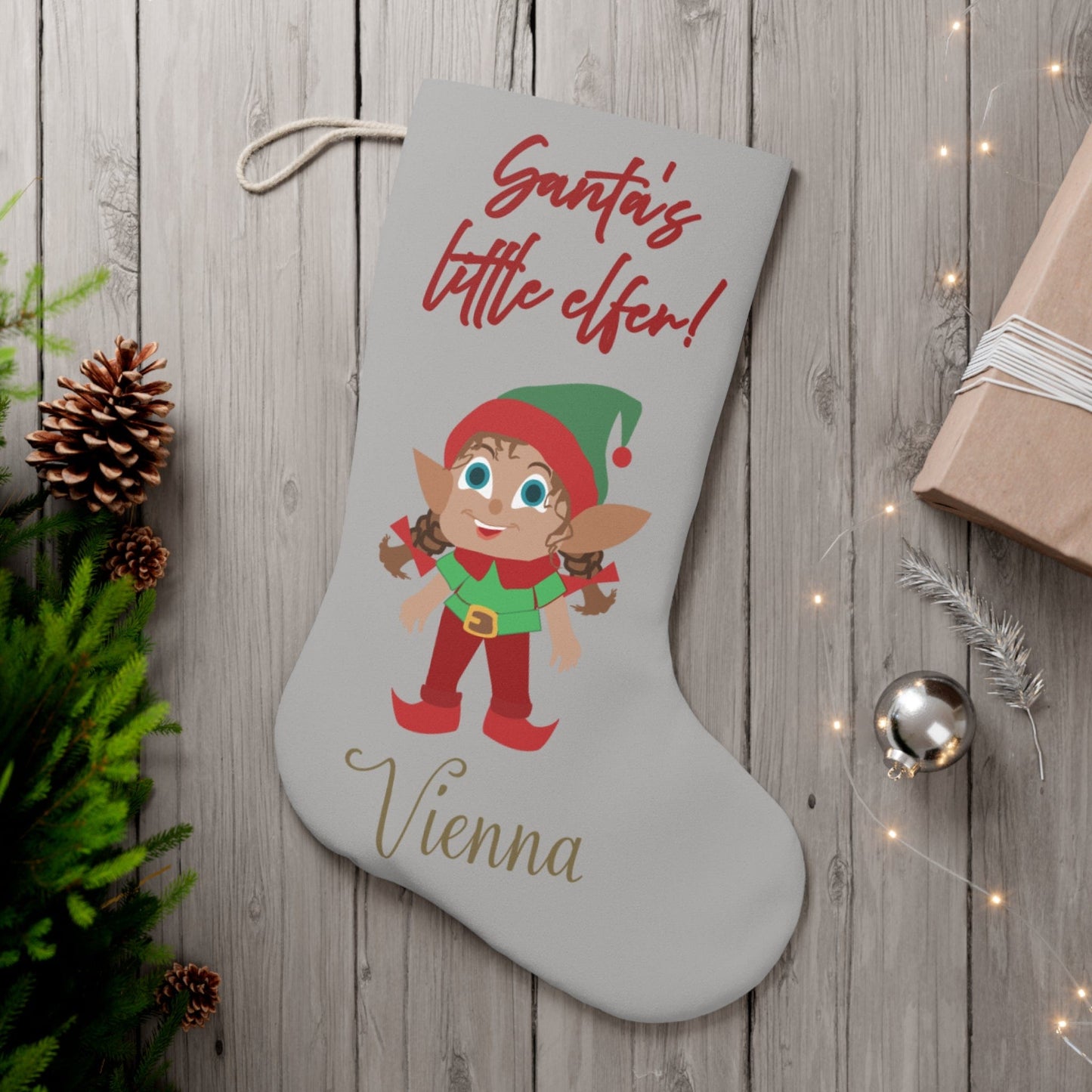 Printify Home Decor 13" × 19.3'' Christmas Stocking- Personalised Santa’s Little Elfer with Plaits