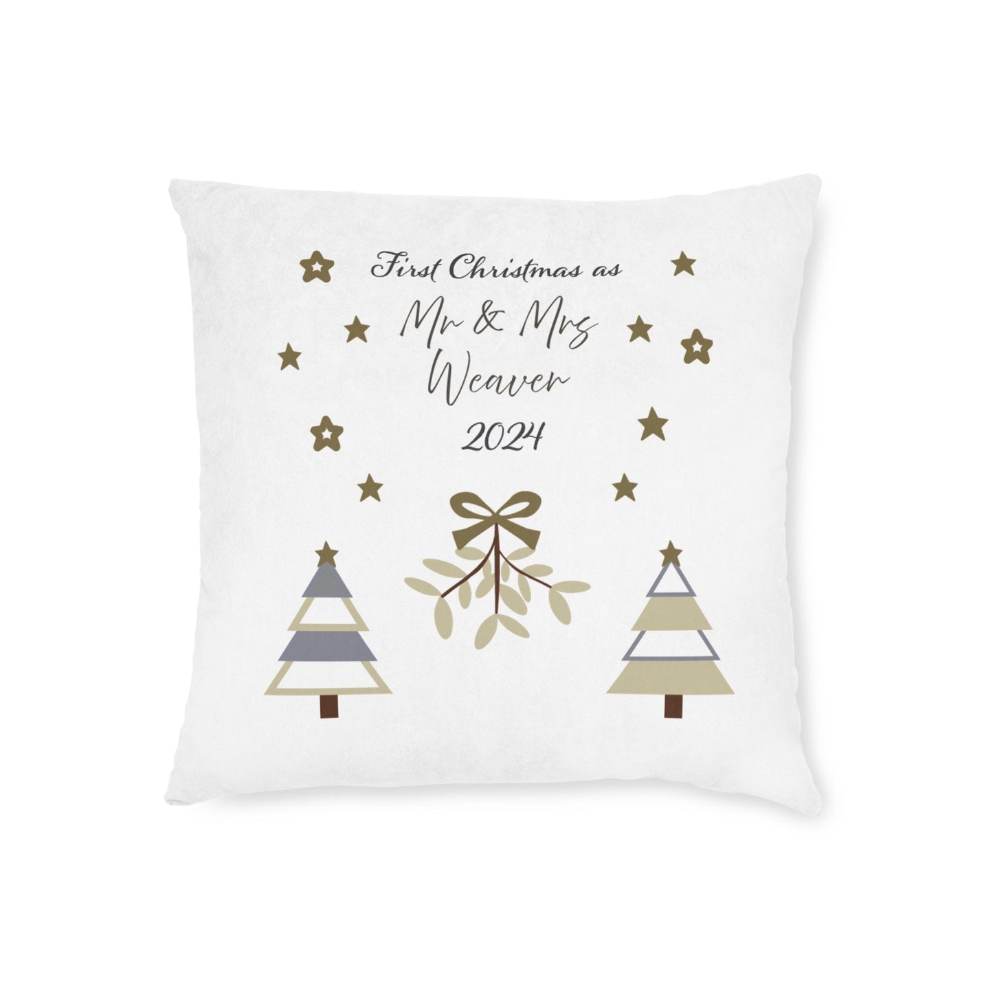 Printify Home Decor 18" × 18" Personalised First Christmas as Mr & Mrs Cushion – Neutral Palette