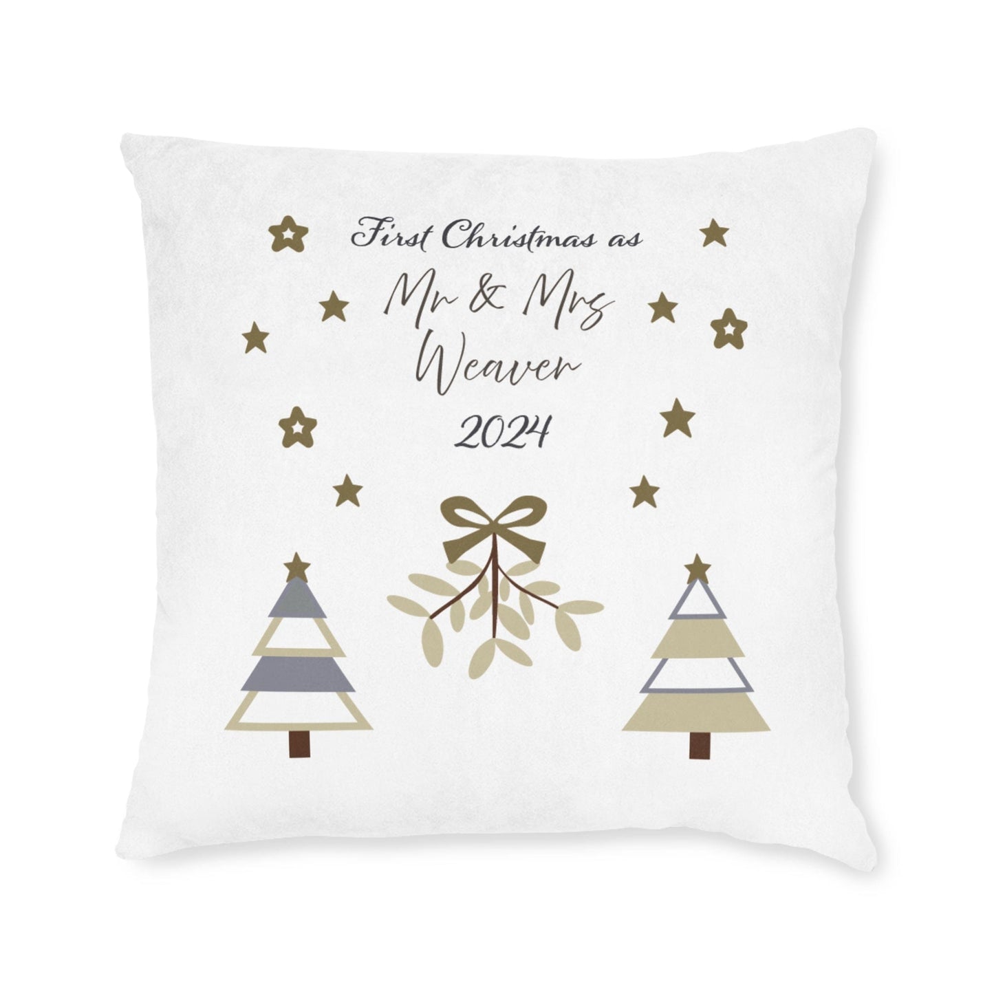 Printify Home Decor 22" × 22" Personalised First Christmas as Mr & Mrs Cushion – Neutral Palette