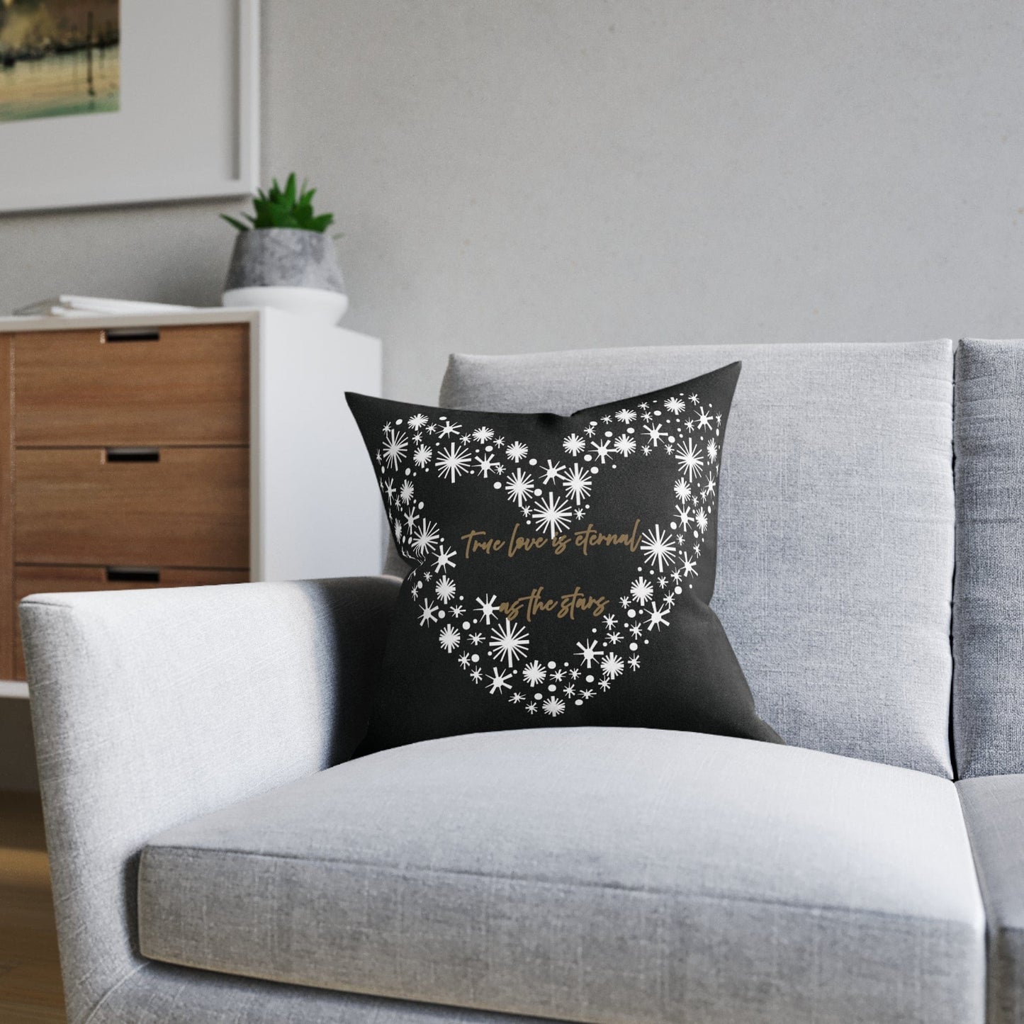 Printify Home Decor Black Cushion - True Love is Eternal as the Stars Heart Design