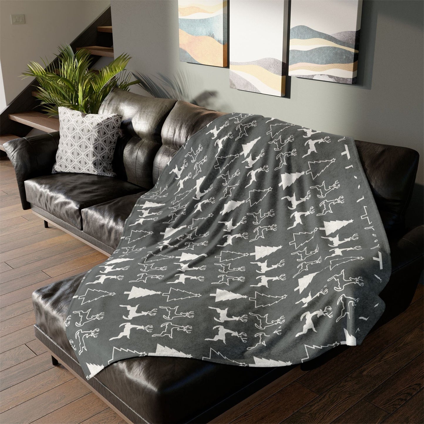 Printify Home Decor Christmas Reindeer and Tree Blanket - Grey