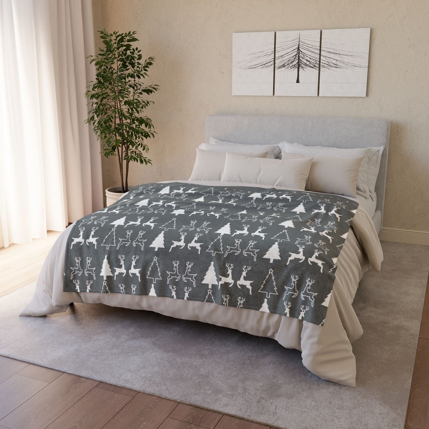Printify Home Decor Christmas Reindeer and Tree Blanket - Grey