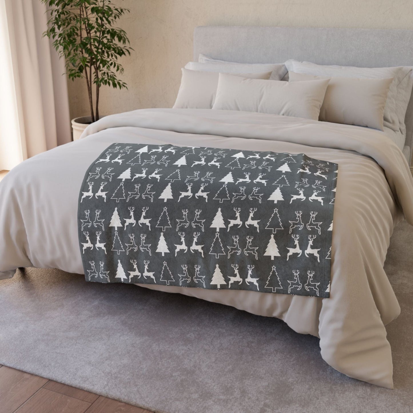 Printify Home Decor Christmas Reindeer and Tree Blanket - Grey