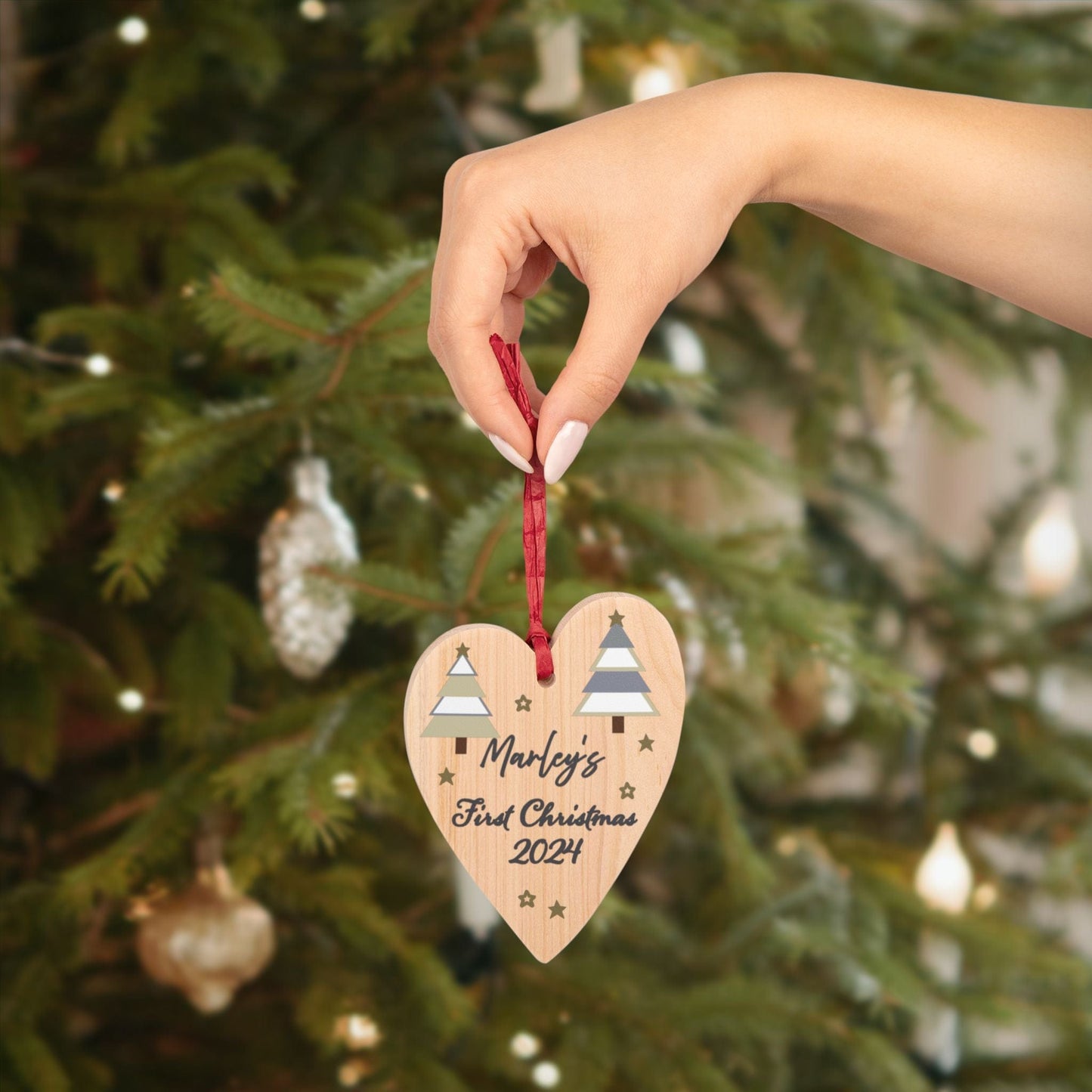 Printify Home Decor Heart / One Size Personalised First Christmas Wooden Heart Ornament - Neutral