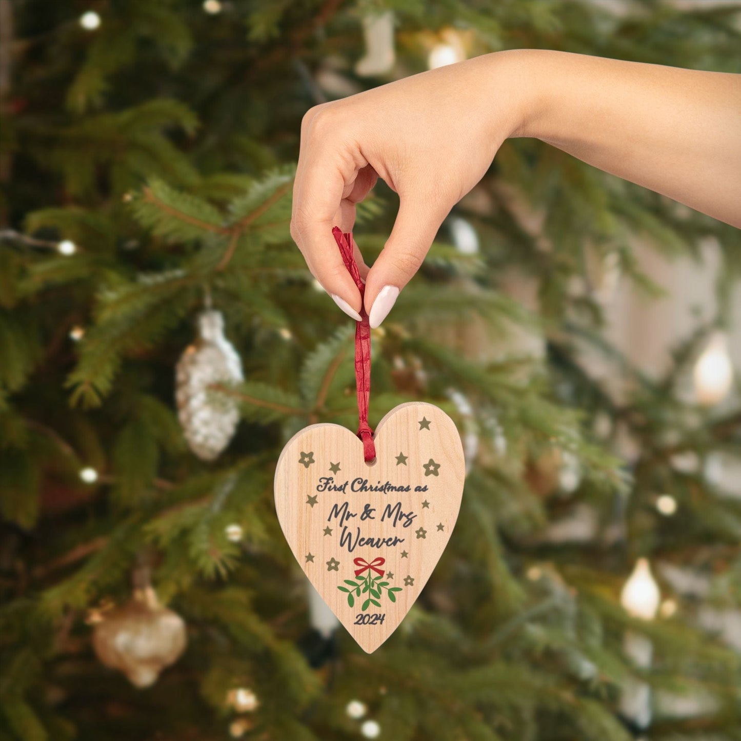 Printify Home Decor Heart / One Size Personalised Mr & Mrs First Christmas Wood Heart Ornament - Festive