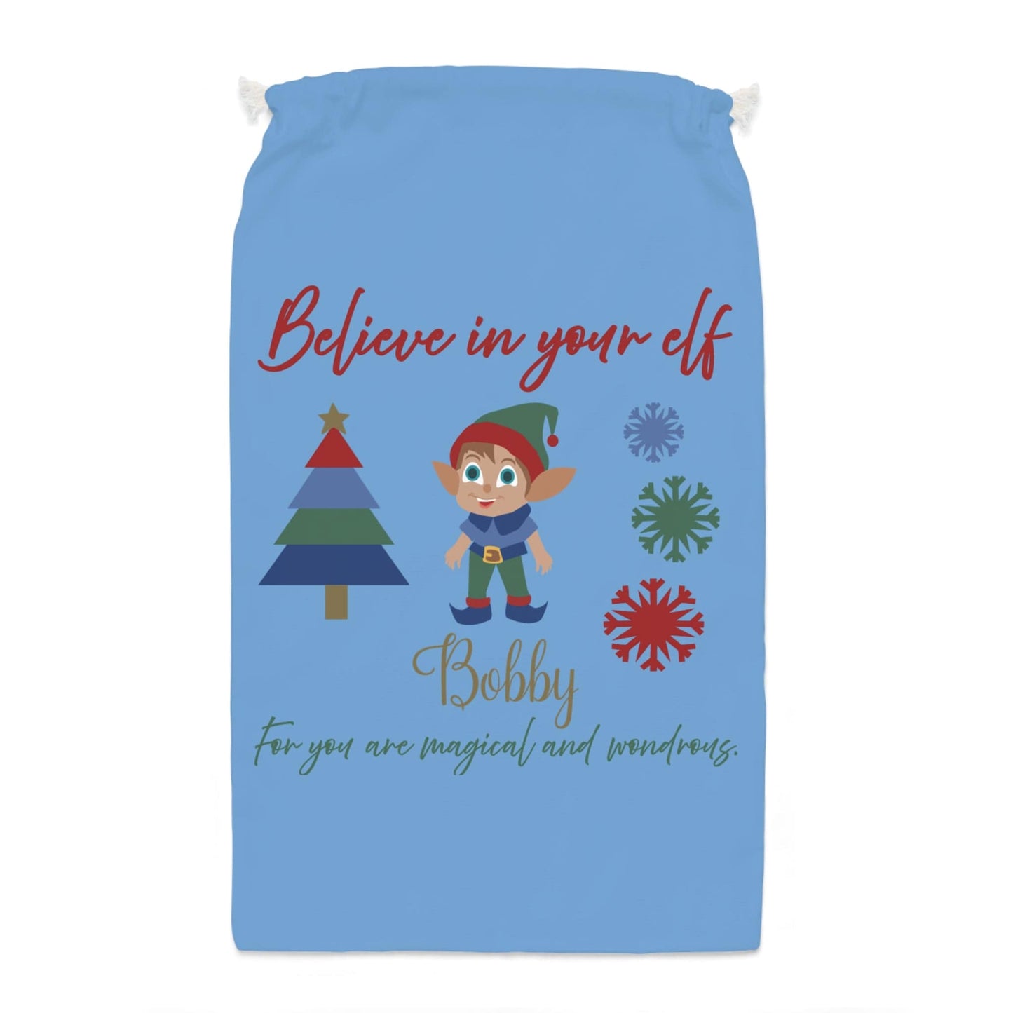 Printify Home Decor One size Personalised Santa Sack - Believe in your elf, blue