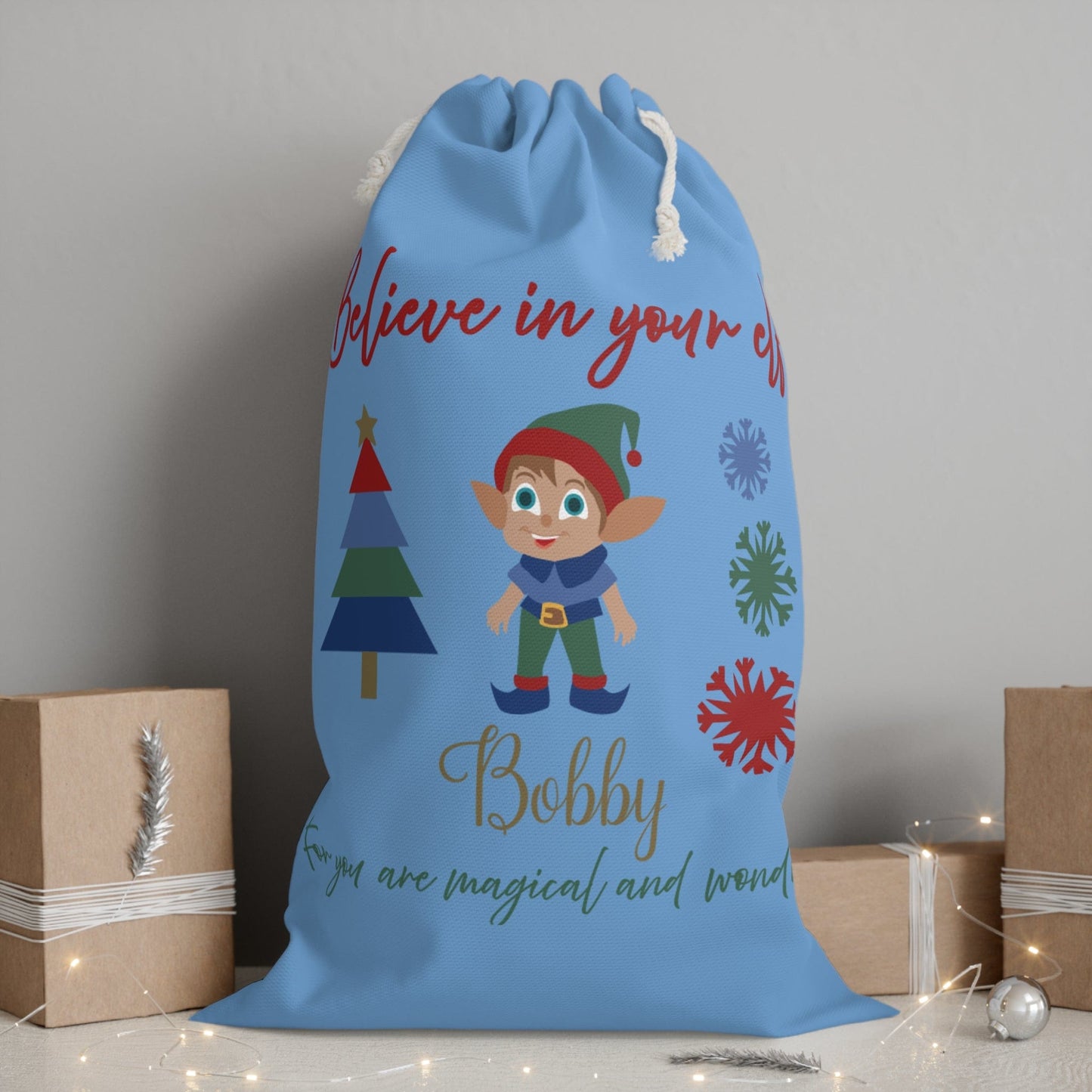 Printify Home Decor One size Personalised Santa Sack - Believe in your elf, blue