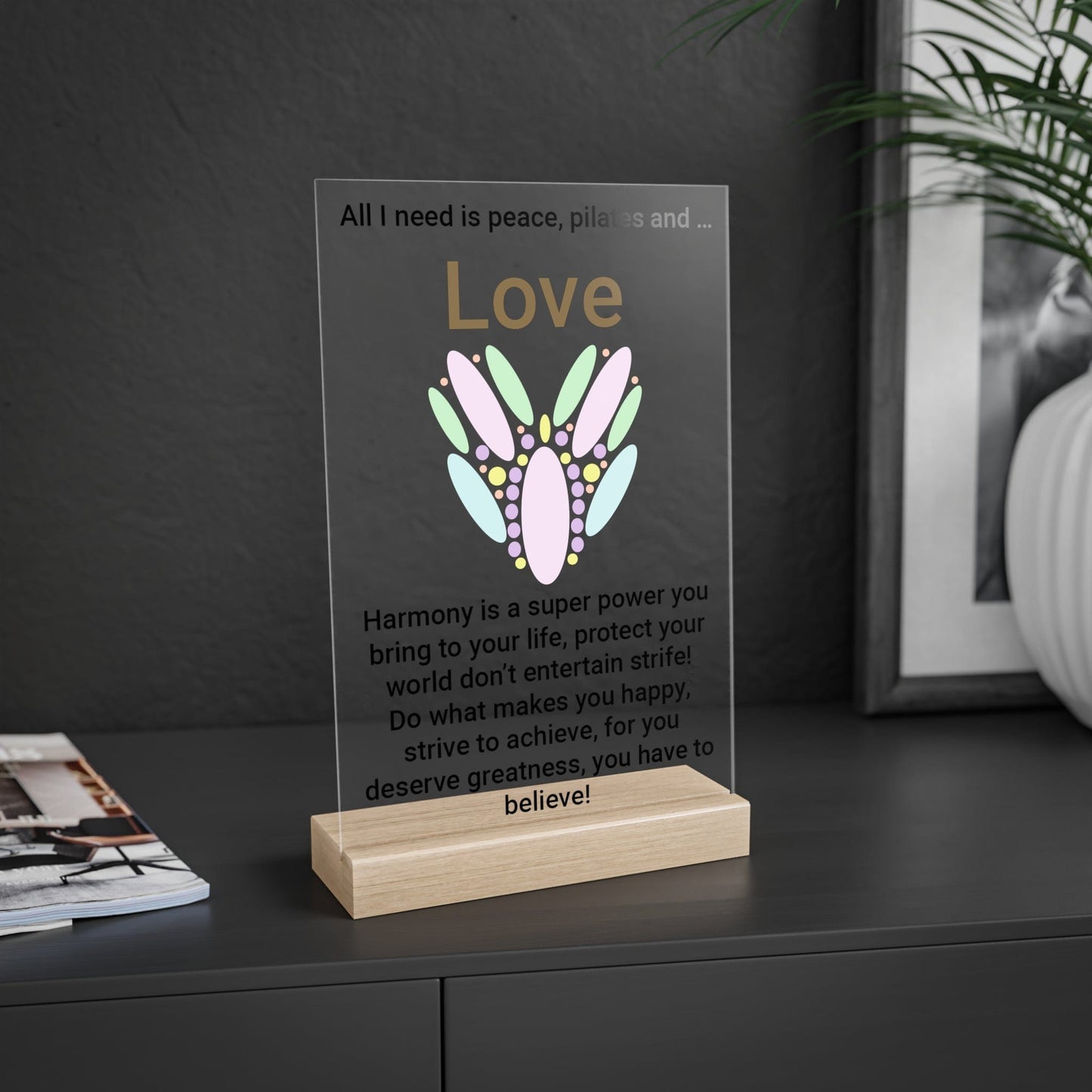 Printify Home Decor Peace Pilates Love Acrylic Sign