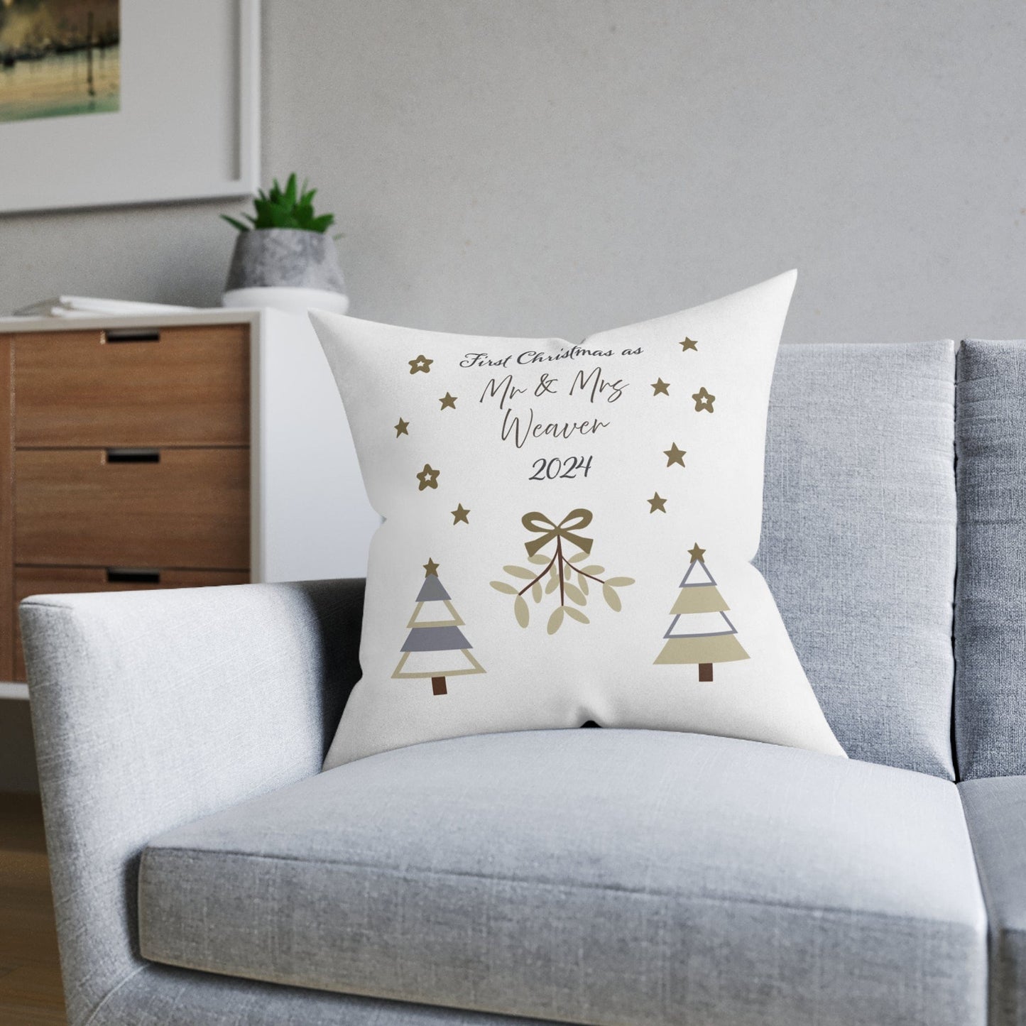 Printify Home Decor Personalised First Christmas as Mr & Mrs Cushion – Neutral Palette