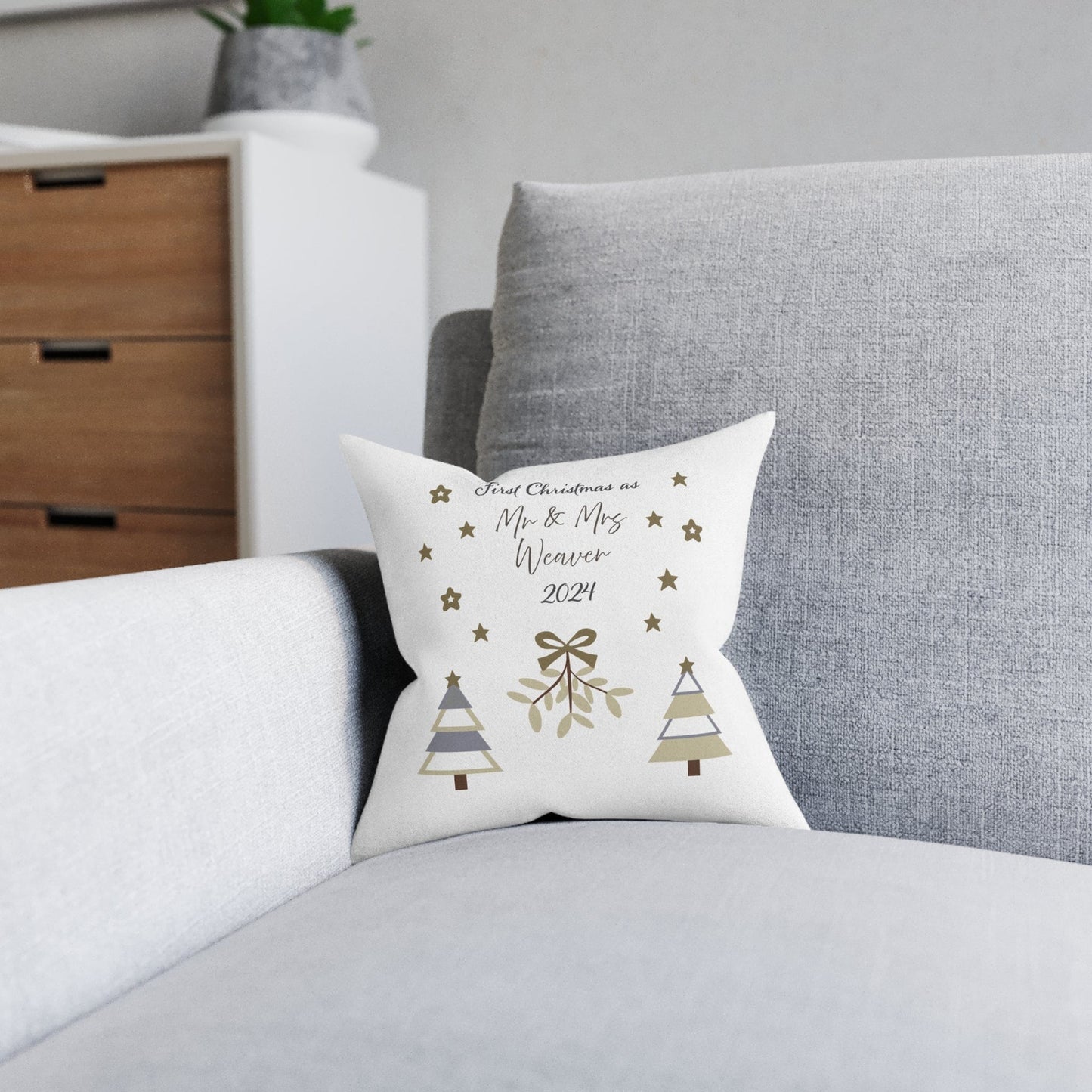 Printify Home Decor Personalised First Christmas as Mr & Mrs Cushion – Neutral Palette
