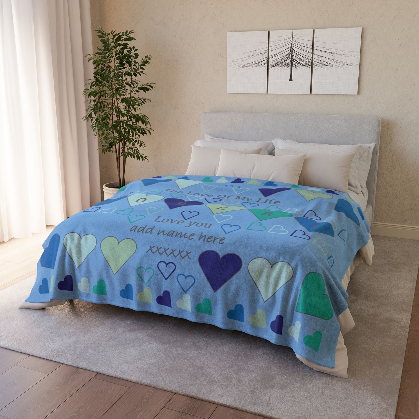 Printify Home Decor Personalised Name Heart Icon Blanket Blue