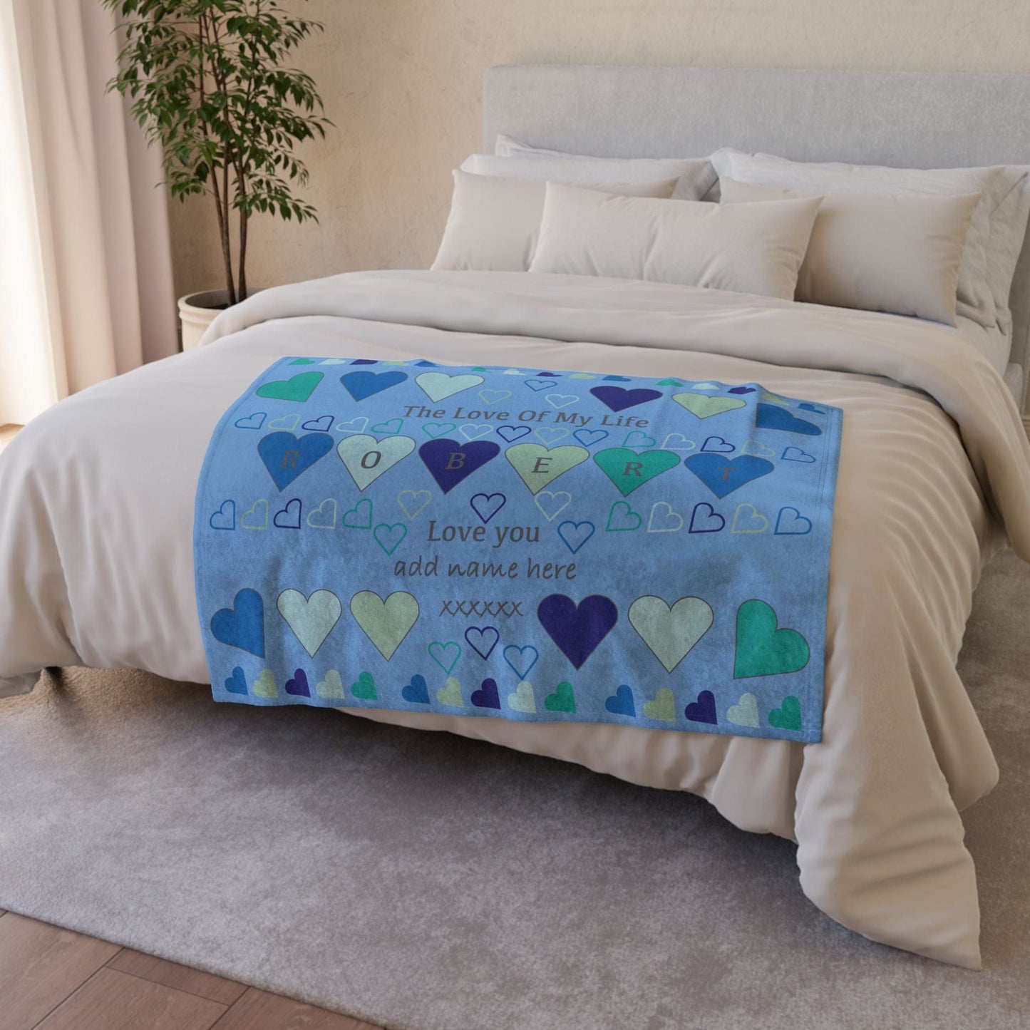 Printify Home Decor Personalised Name Heart Icon Blanket Blue