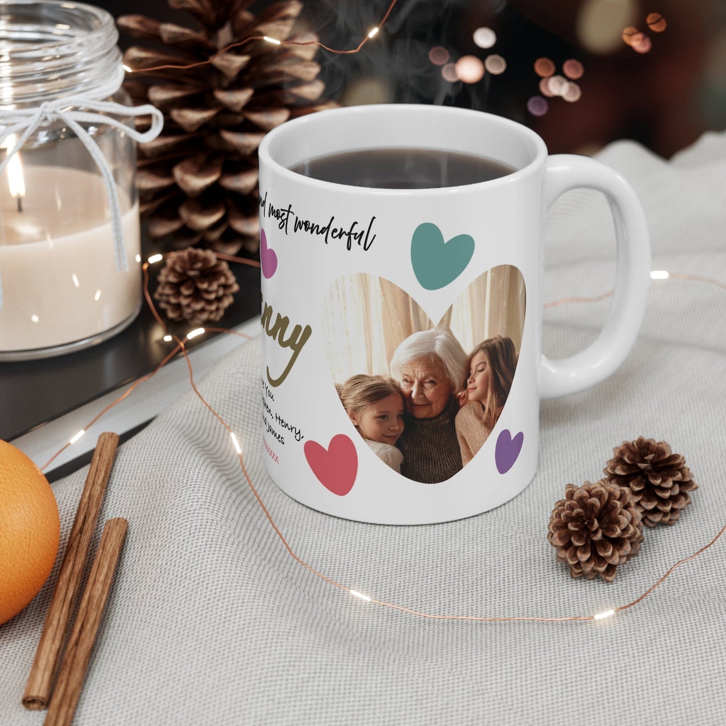 Printify Mug 11oz Personalised Nanny Photo In Hearts Mug