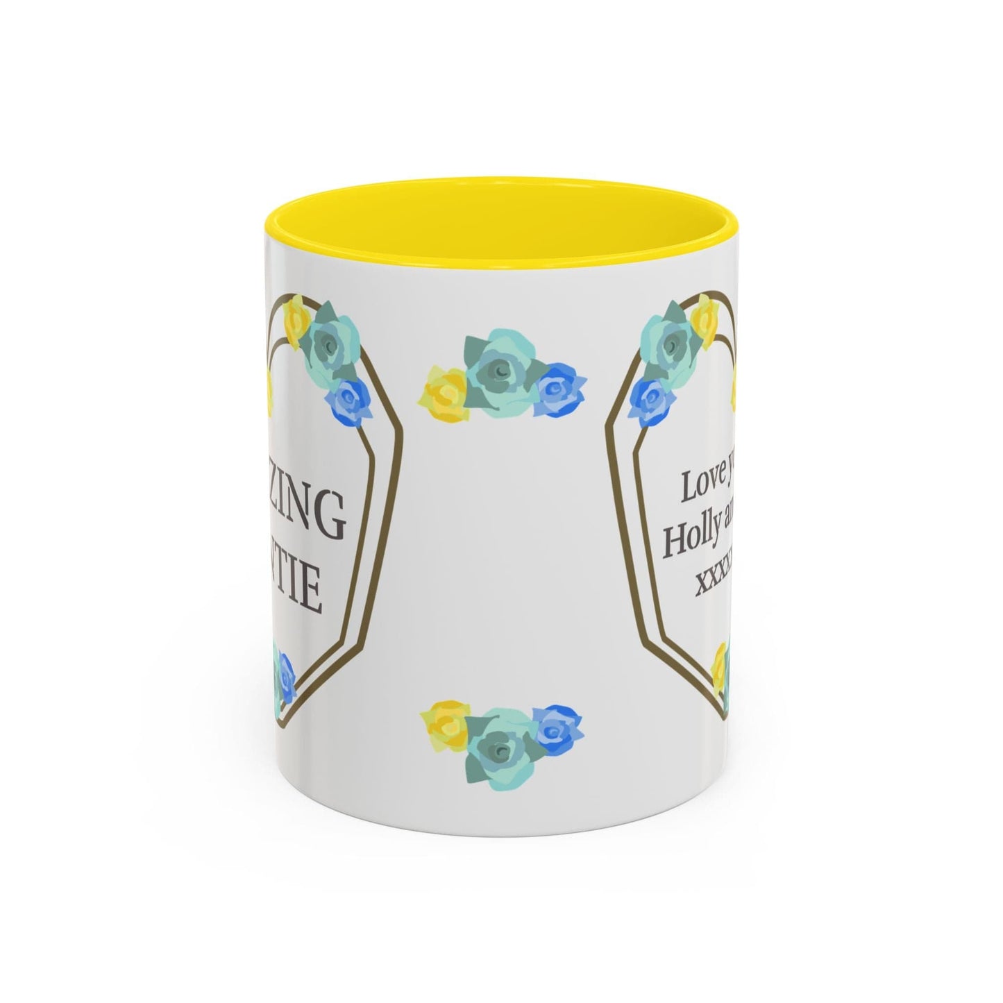 Printify Mug 11oz / Yellow Mug - Personalised Amazing Auntie Floral With Accent Colours, Blue Green Yellow Flowers