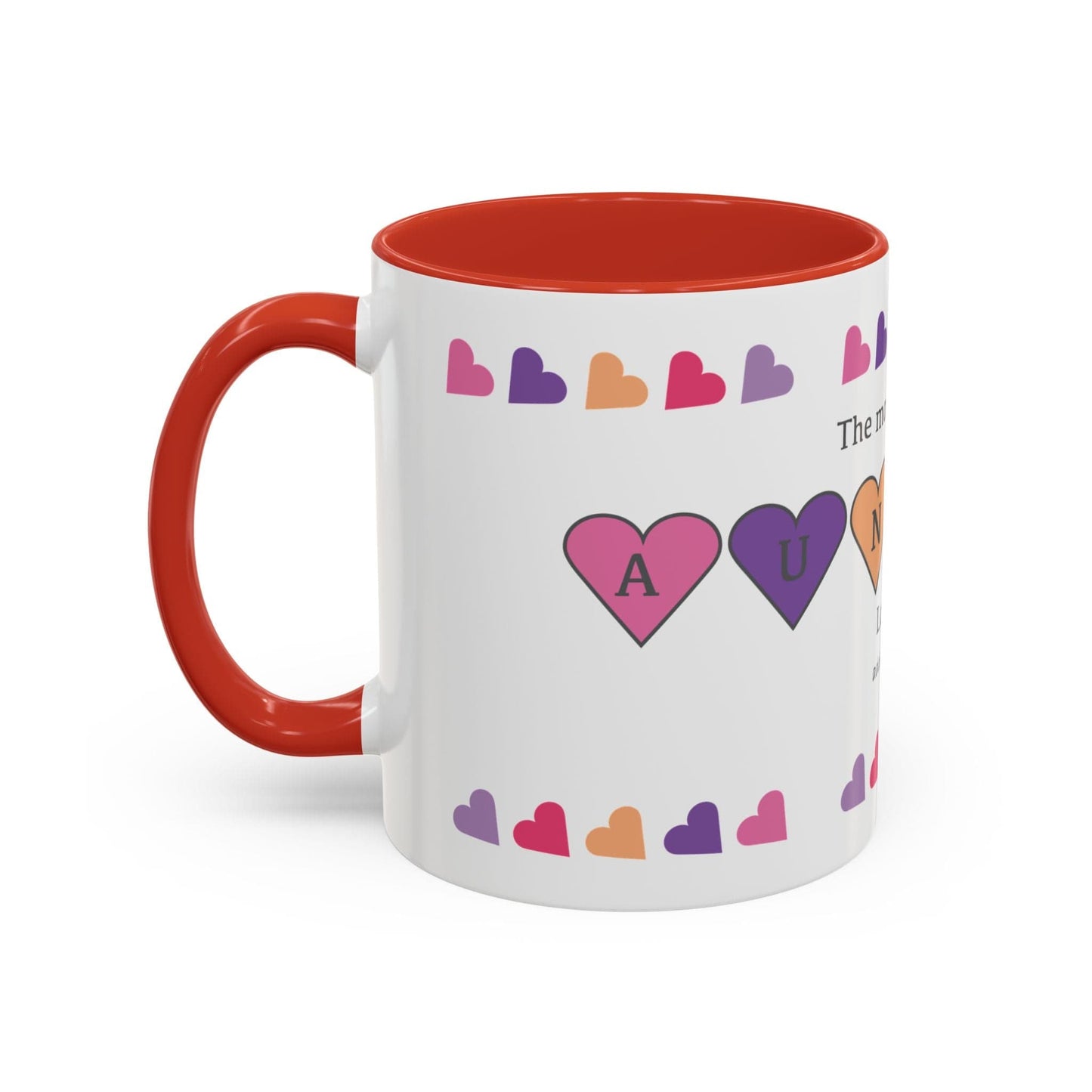 Printify Mug Mug - Personalised Amazing Auntie Heart Charms With Accent Colours, Pink, Purple And Orange