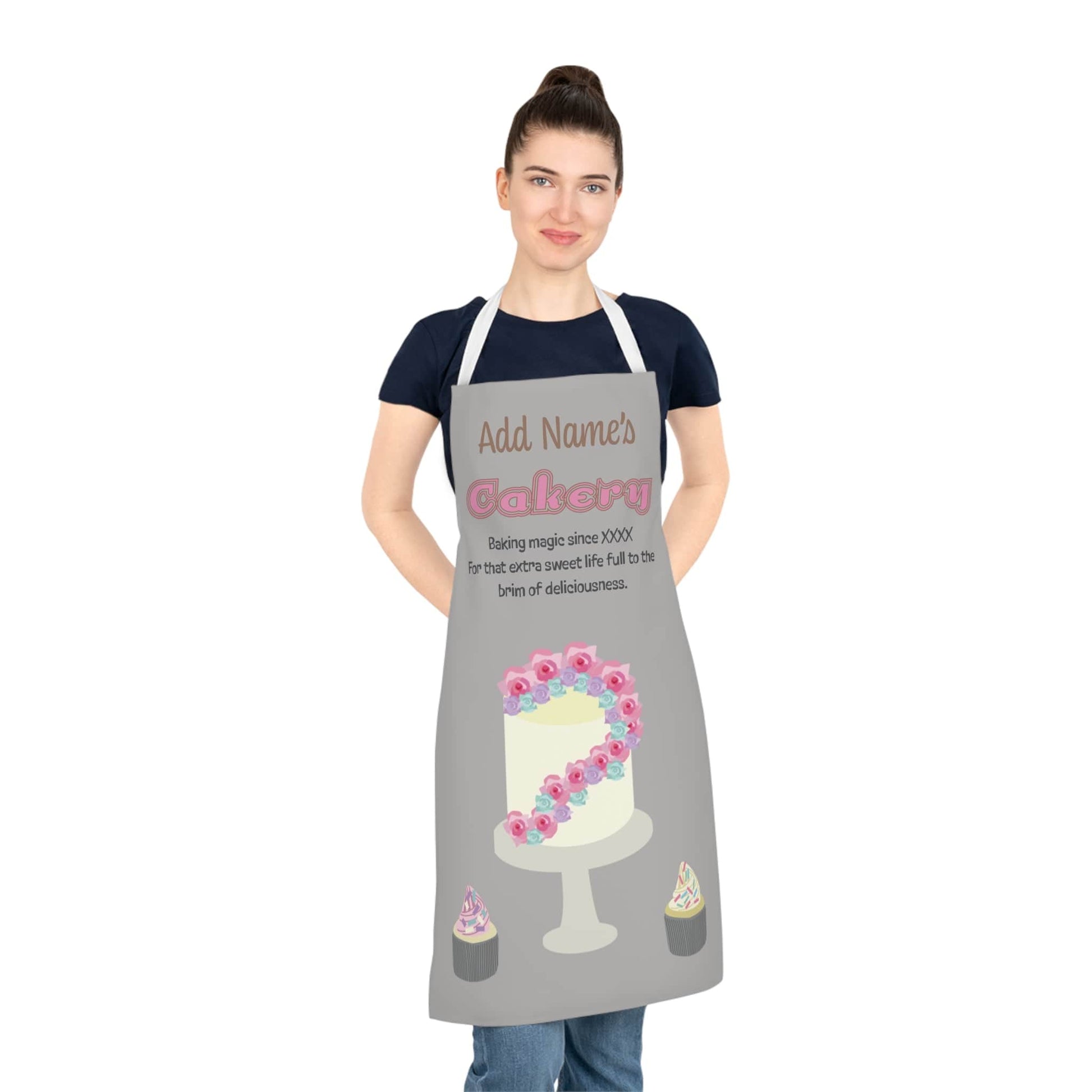 Printify Accessories One size / White Personalised Cakery Apron – Tall Tier Floral Cake & Cupcake Design
