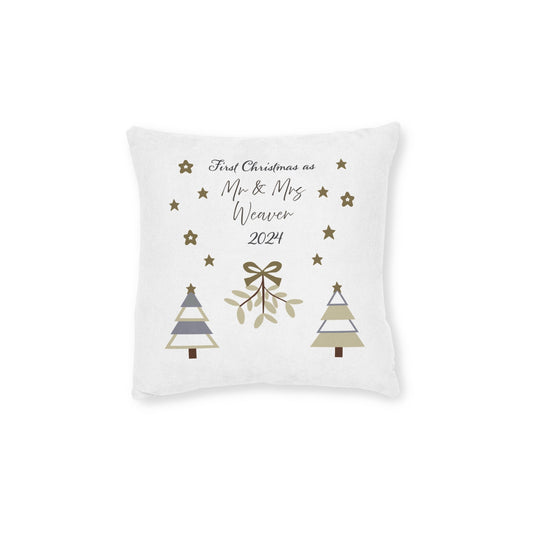 Printify Home Decor 12" × 12" Personalised First Christmas as Mr & Mrs Cushion – Neutral Palette