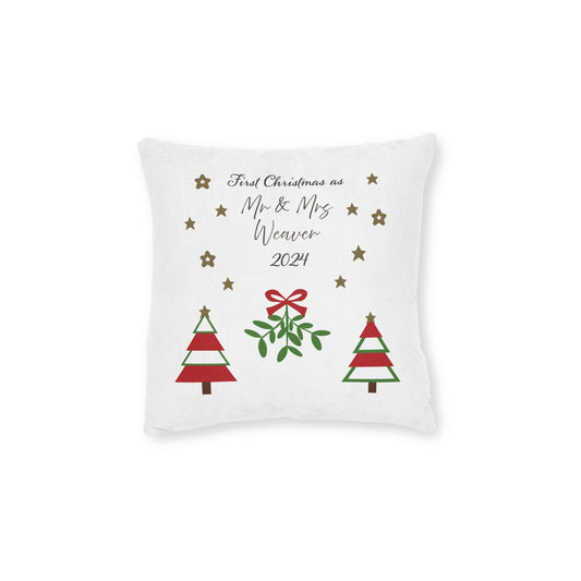 Printify Home Decor 12" × 12" Personalised First Christmas Cushion – Mr & Mrs Festive Design