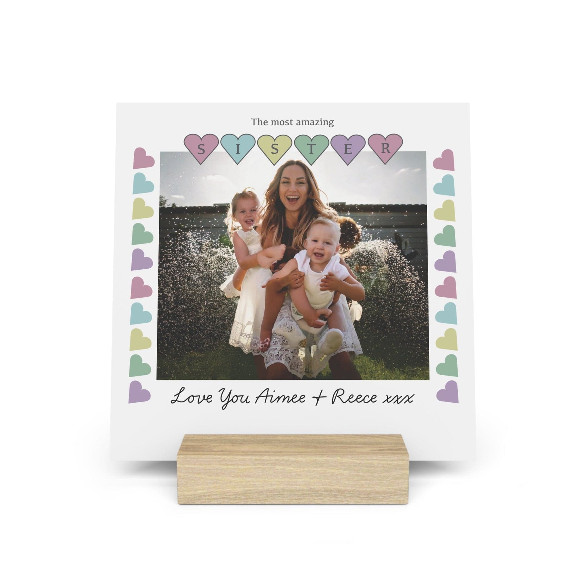 Printify Home Decor 6" x 6" (Square) / Oak Personalised Sister Photo Board With Stand Heart