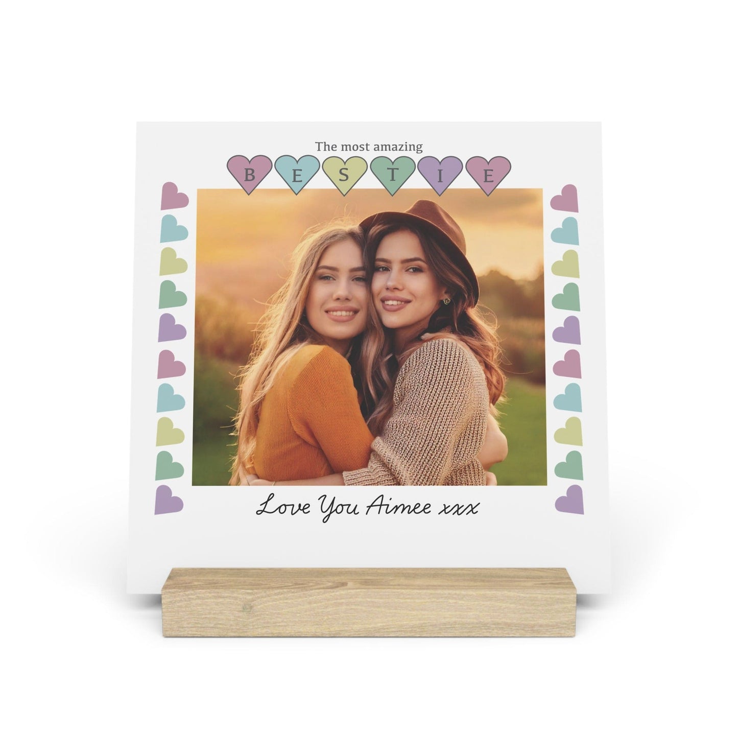 Printify Home Decor 8" x 8" (Square) / Oak Personalised Bestie Photo Board With Stand Heart