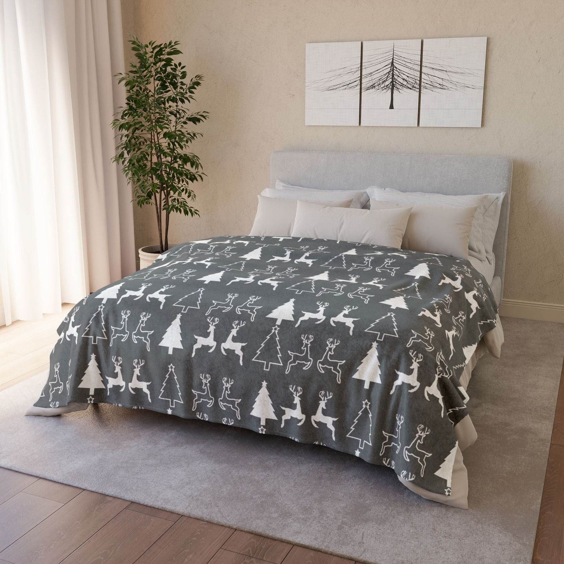 Printify Home Decor Christmas Reindeer and Tree Blanket - Grey