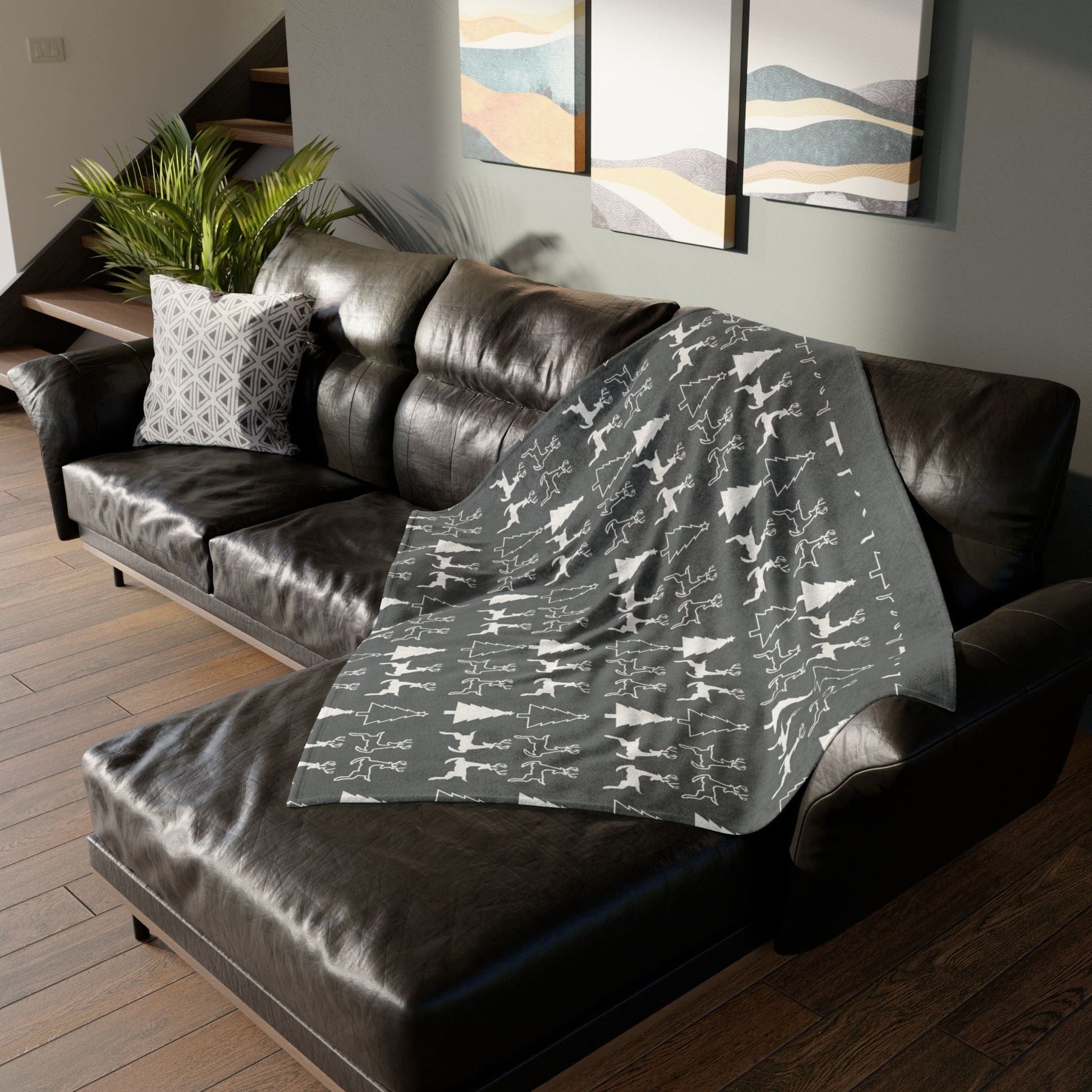 Printify Home Decor Christmas Reindeer and Tree Blanket - Grey