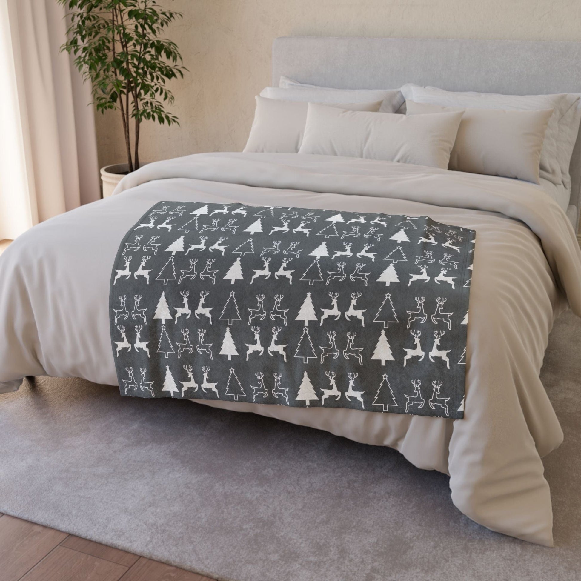 Printify Home Decor Christmas Reindeer and Tree Blanket - Grey