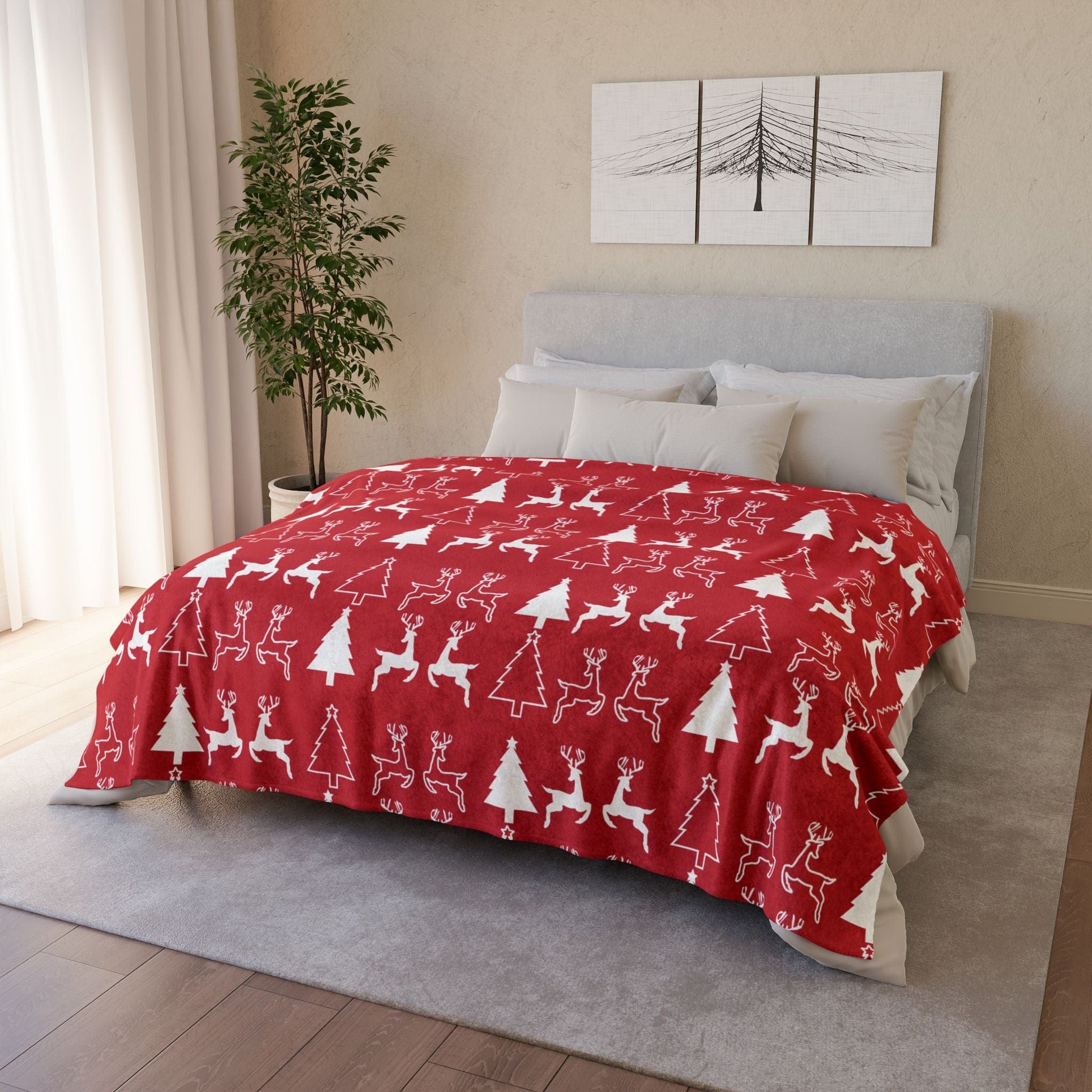 Printify Home Decor Christmas Reindeer and Tree Blanket - Red