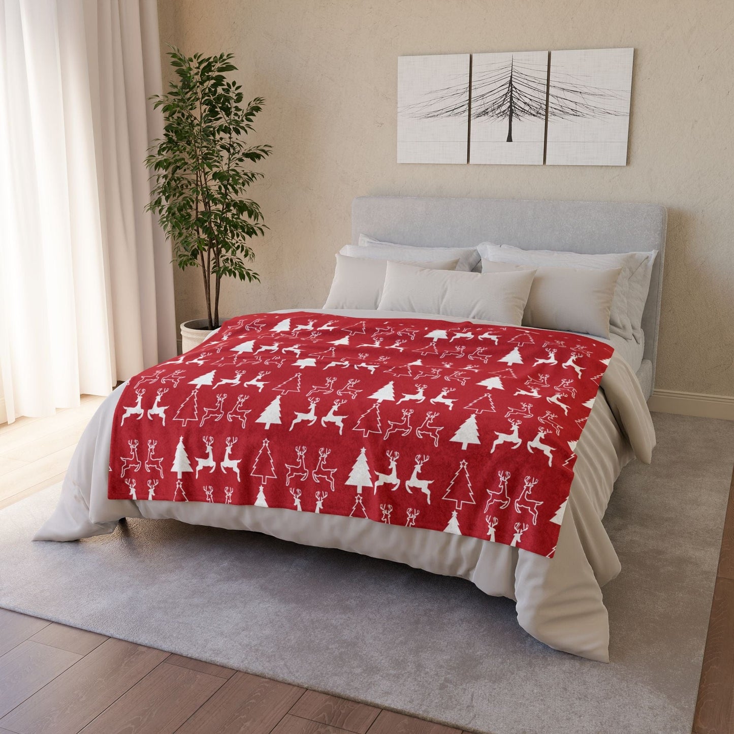 Printify Home Decor Christmas Reindeer and Tree Blanket - Red