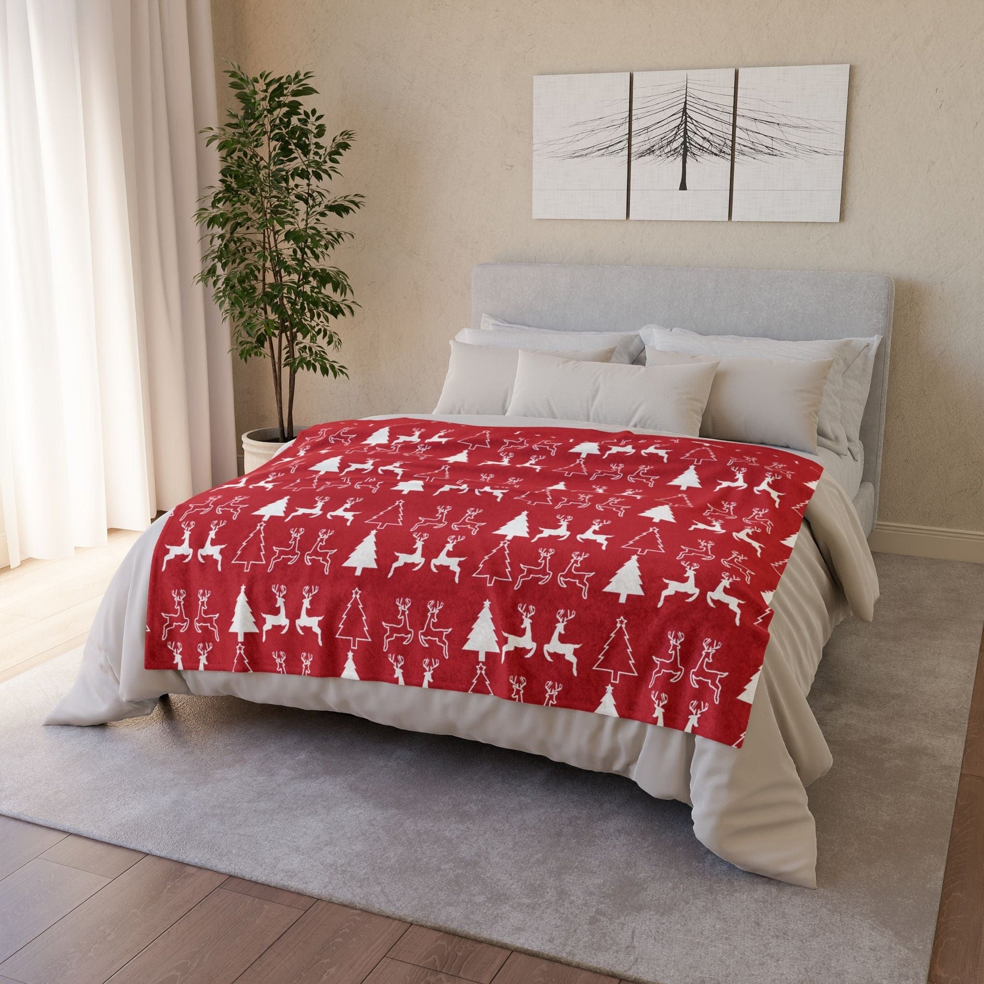 Printify Home Decor Christmas Reindeer and Tree Blanket - Red