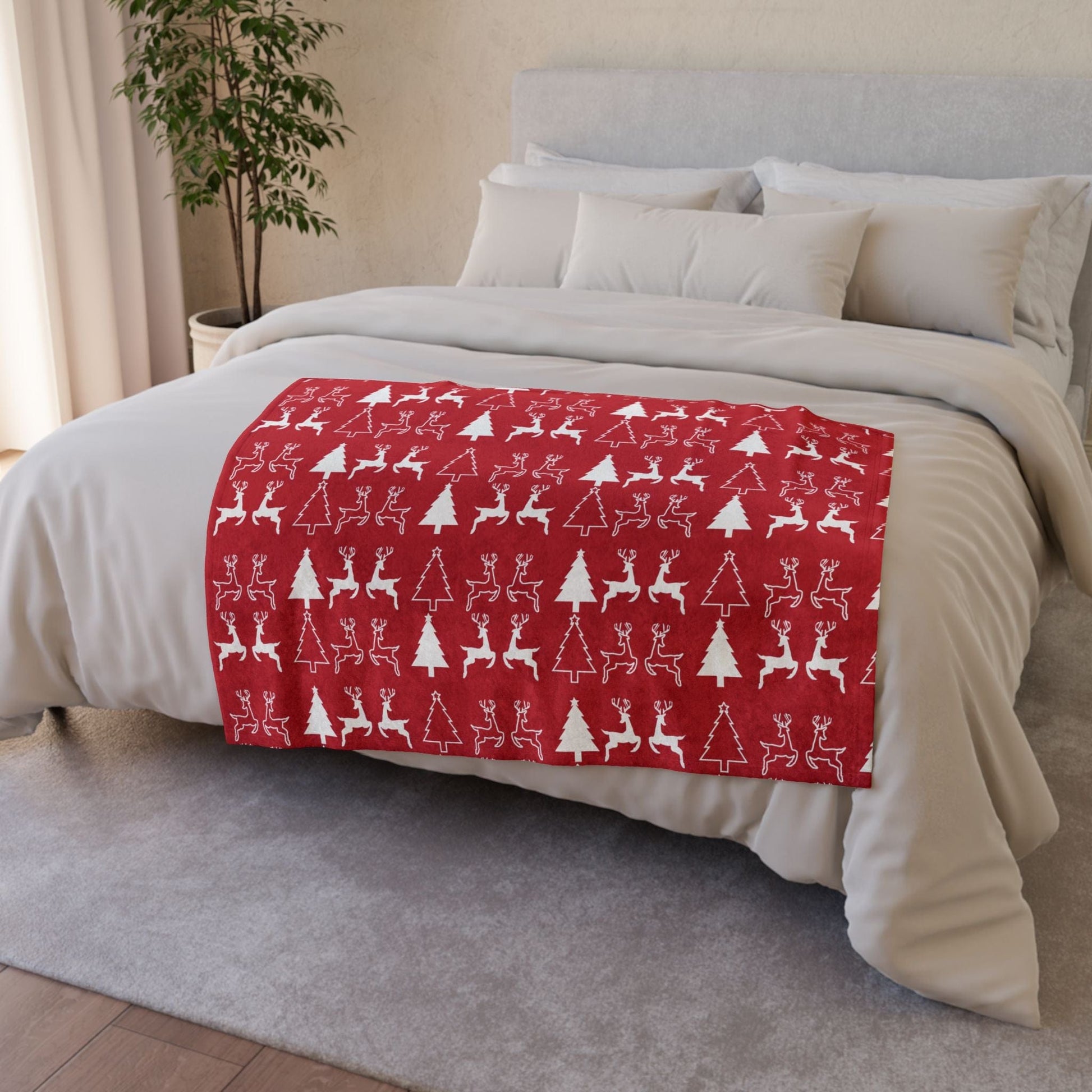 Printify Home Decor Christmas Reindeer and Tree Blanket - Red