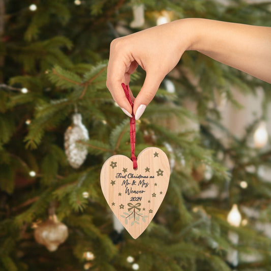 Printify Home Decor Heart / One Size Personalised Mr & Mrs First Christmas Woood Heart Ornament - Neutral