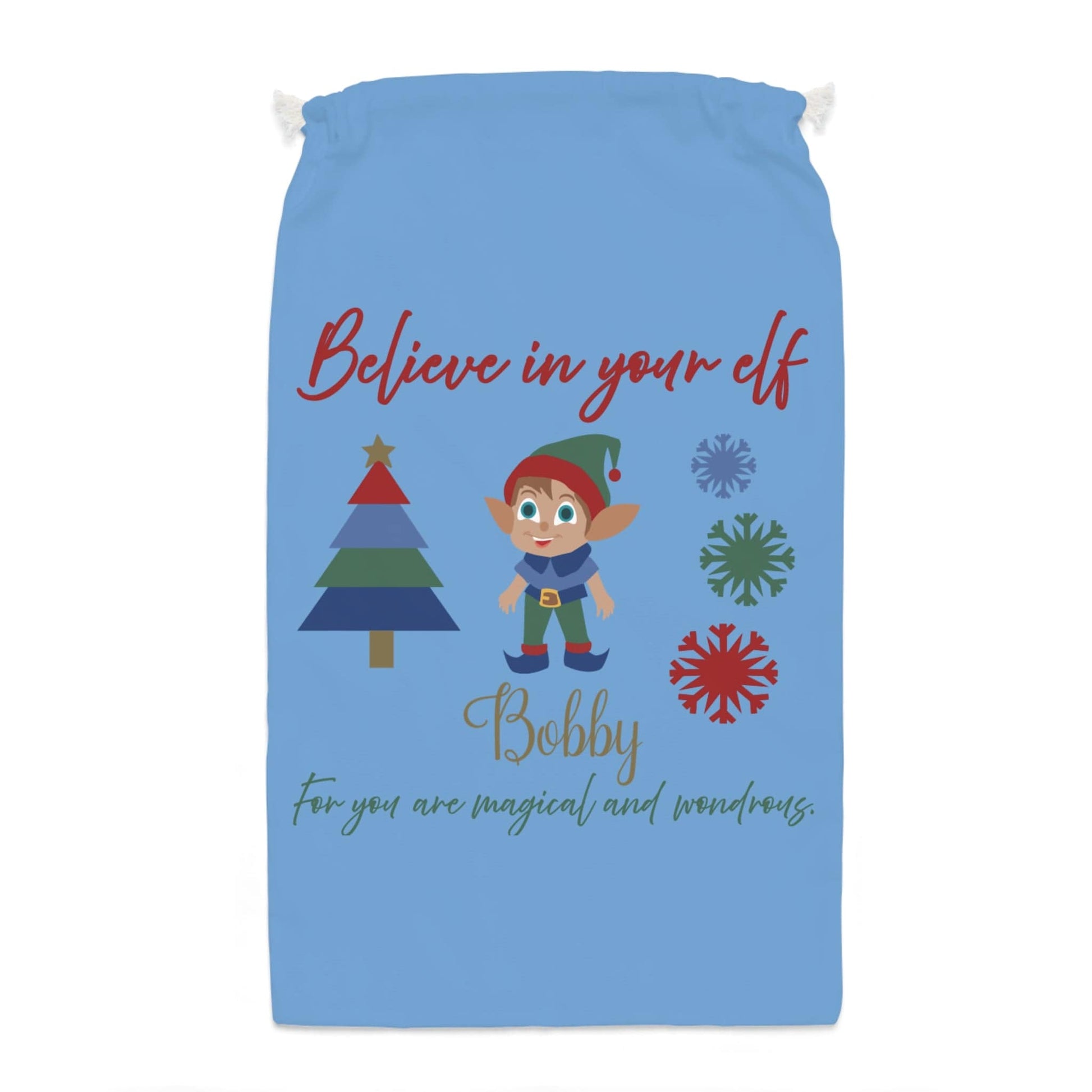 Printify Home Decor One size Personalised Santa Sack - Believe in your elf, blue