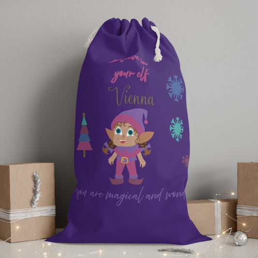 Printify Home Decor One size Personalised Santa Sack - Believe in your elf, purple