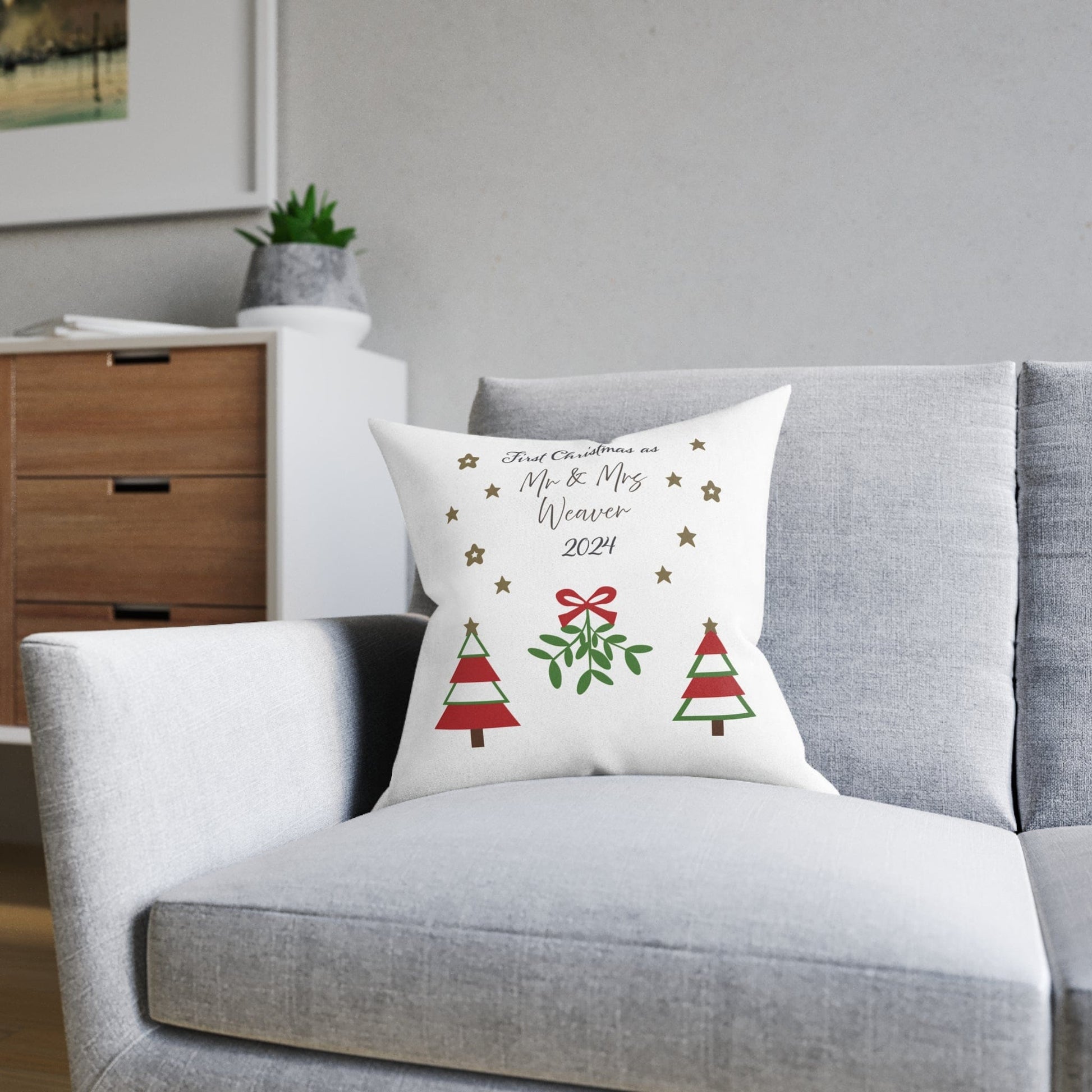 Printify Home Decor Personalised First Christmas Cushion – Mr & Mrs Festive Design