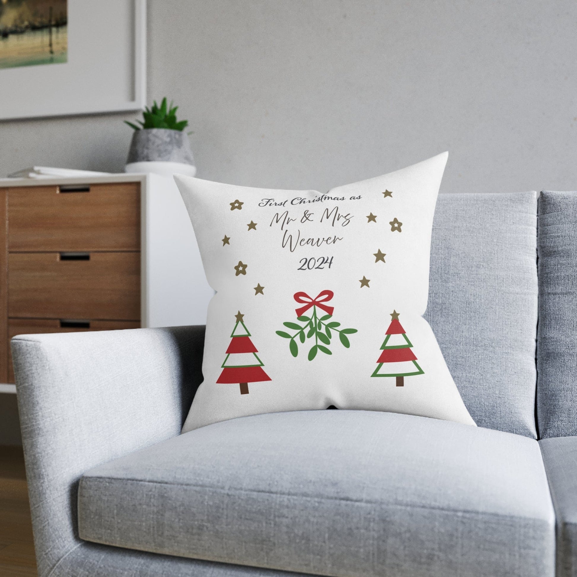 Printify Home Decor Personalised First Christmas Cushion – Mr & Mrs Festive Design