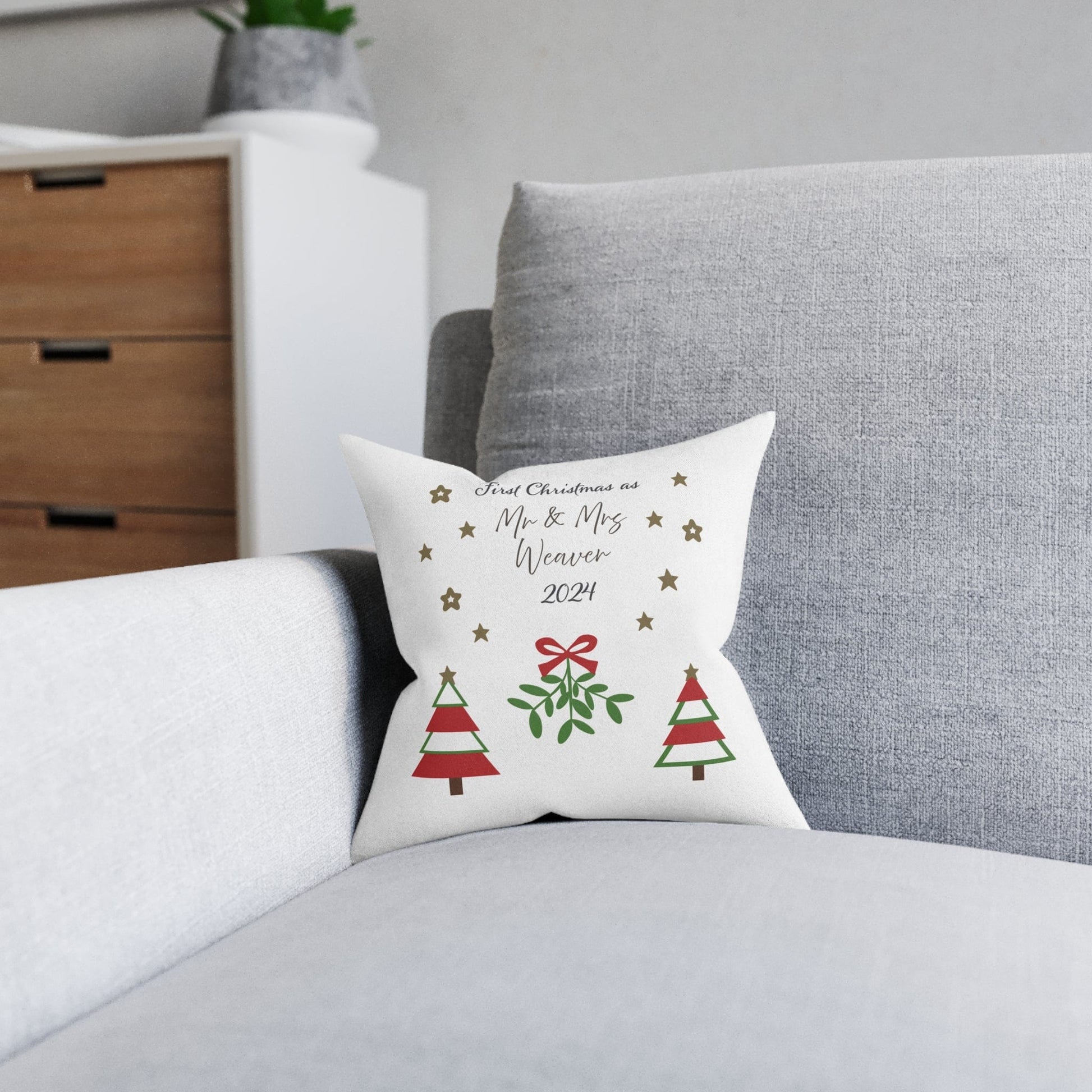 Printify Home Decor Personalised First Christmas Cushion – Mr & Mrs Festive Design