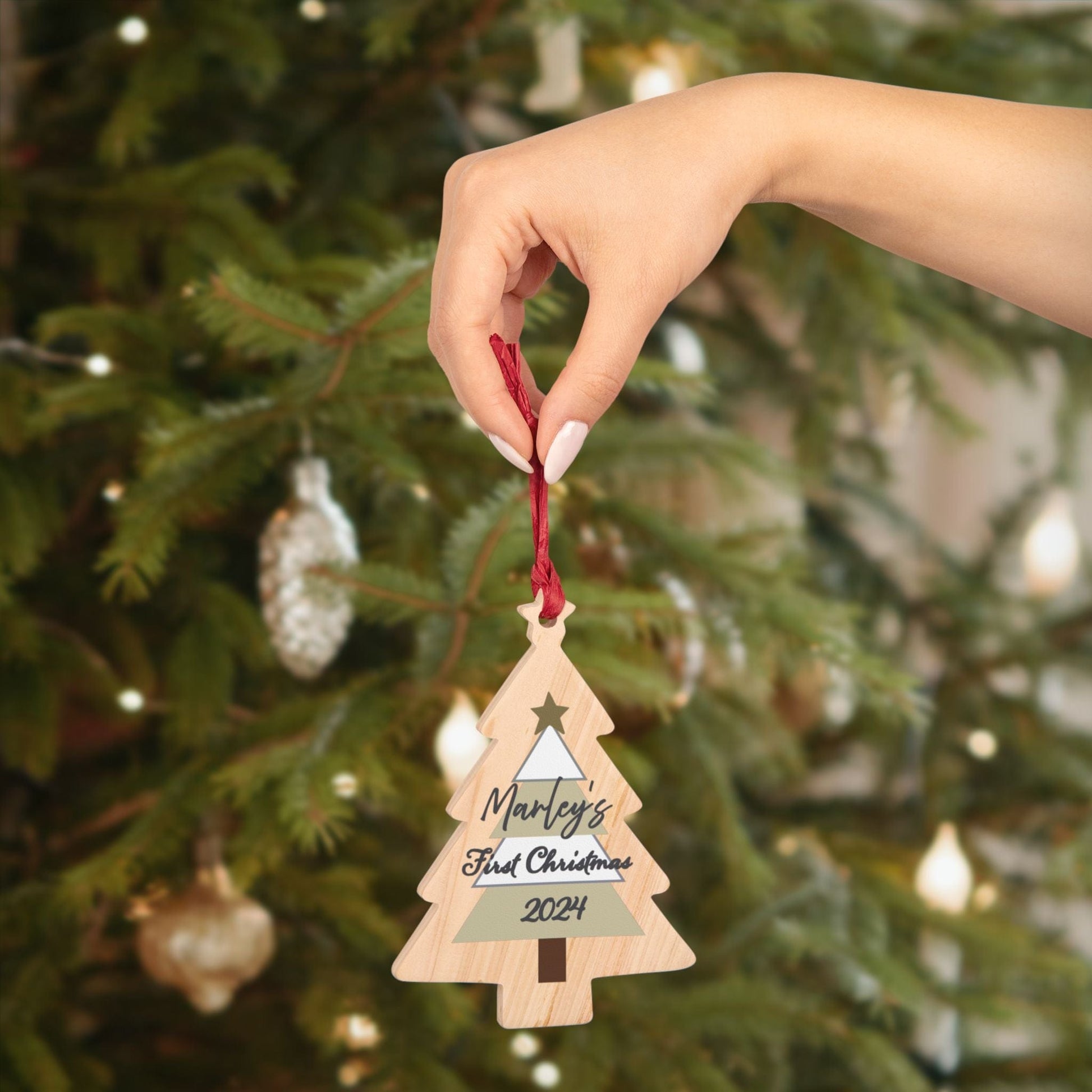 Printify Home Decor Tree / One Size Personalised First Christmas Wooden Tree Ornament- Neutral
