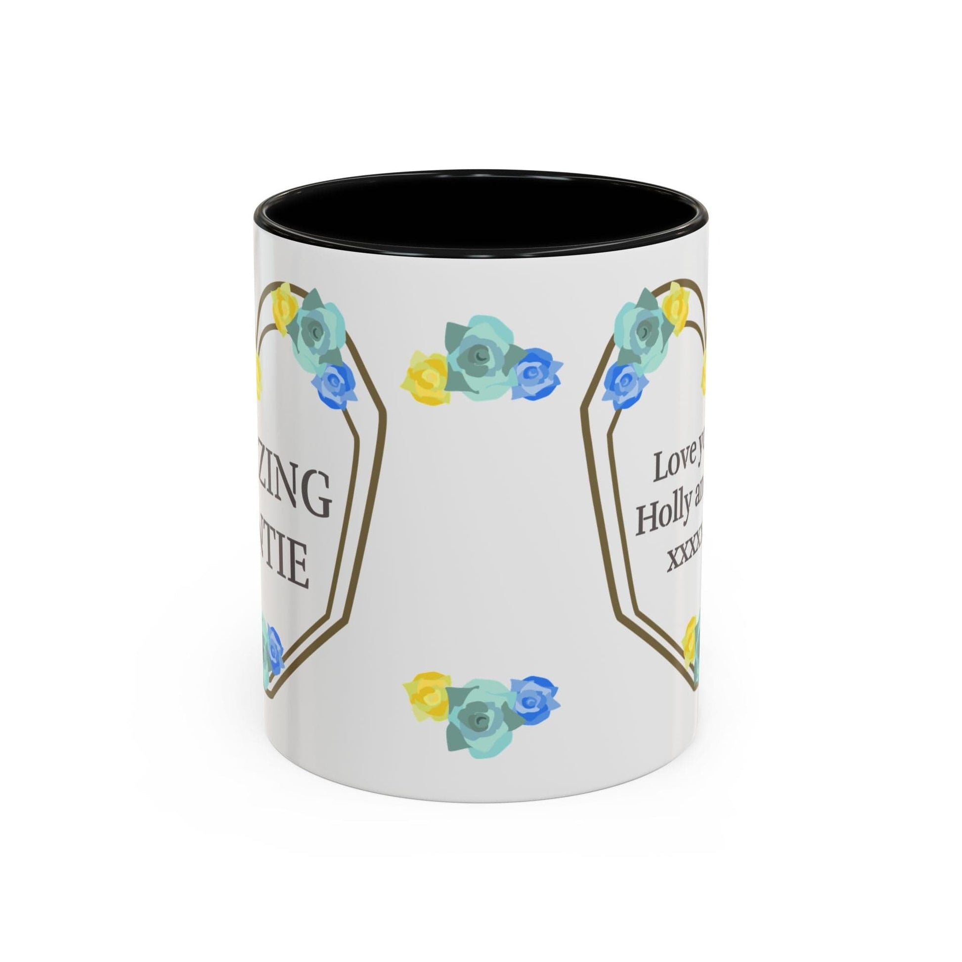 Printify Mug 11oz / Black Mug - Personalised Amazing Auntie Floral With Accent Colours, Blue Green Yellow Flowers