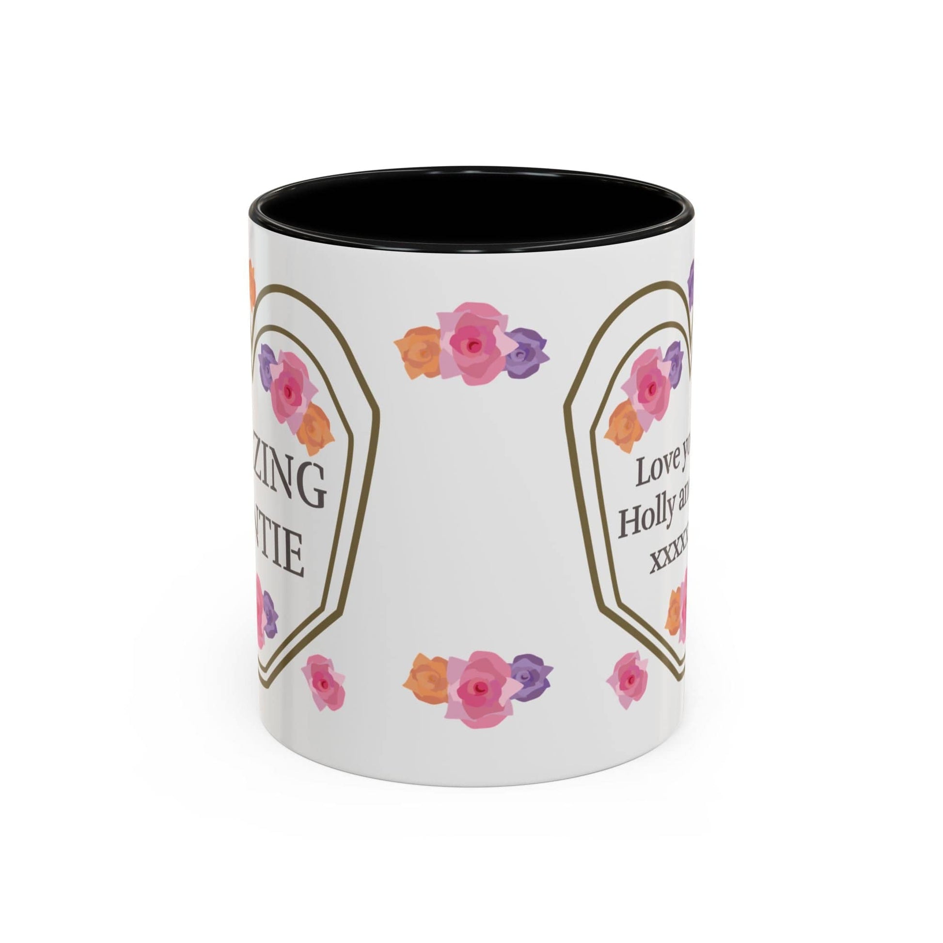 Printify Mug 11oz / Black Mug - Personalised Amazing Auntie Floral With Accent Colours, Pink Orange Purple Flowers