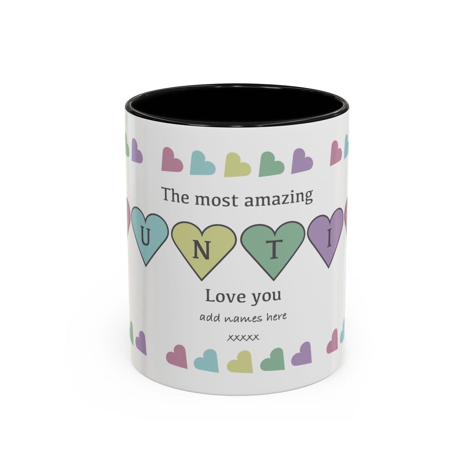 Printify Mug 11oz / Black Mug - Personalised Amazing Auntie Heart Charms With Accent Colours, Pastels