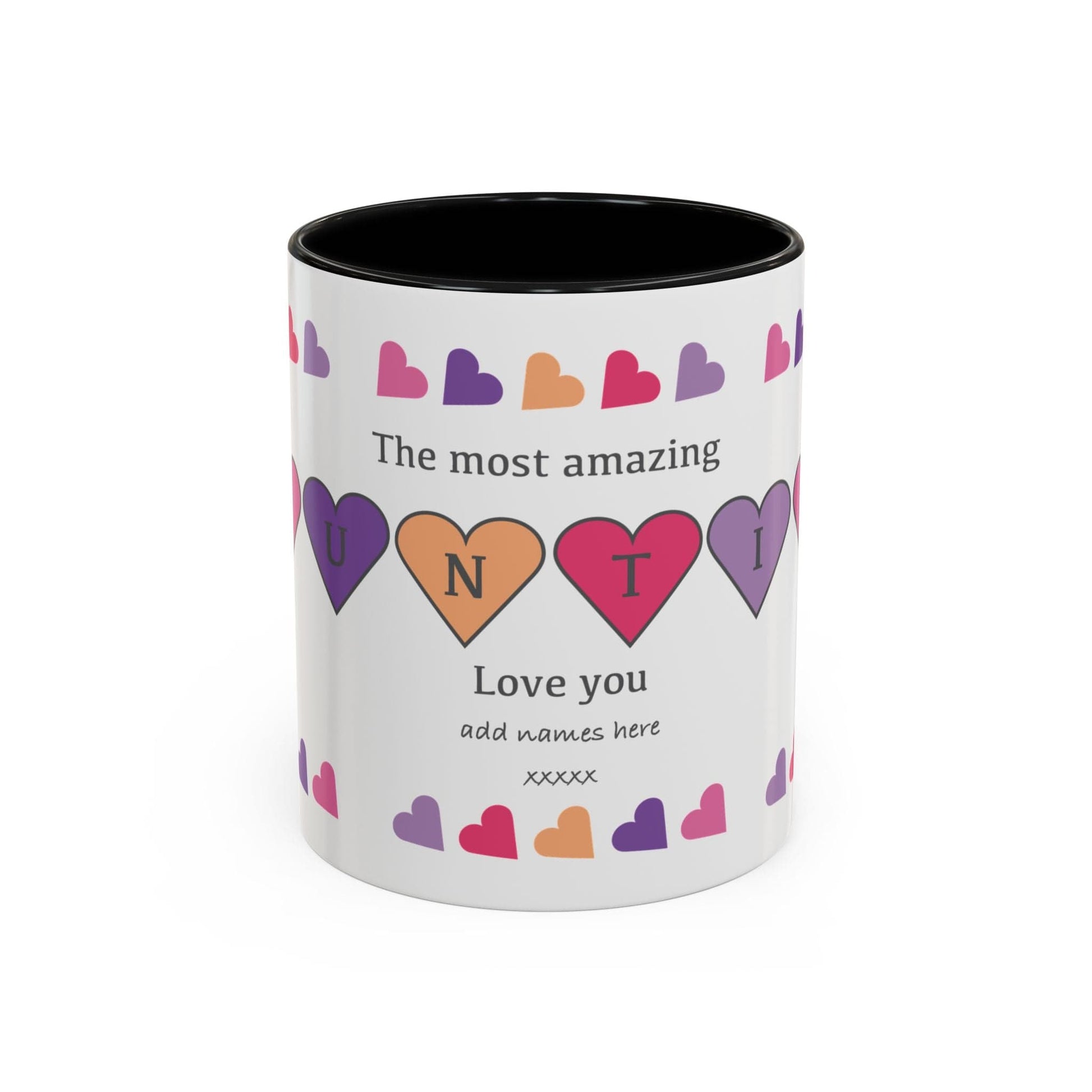 Printify Mug 11oz / Black Mug - Personalised Amazing Auntie Heart Charms With Accent Colours, Pink, Purple And Orange