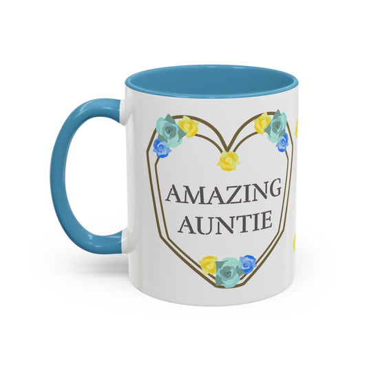 Printify Mug 11oz / Light Blue Mug - Personalised Amazing Auntie Floral With Accent Colours, Blue Green Yellow Flowers