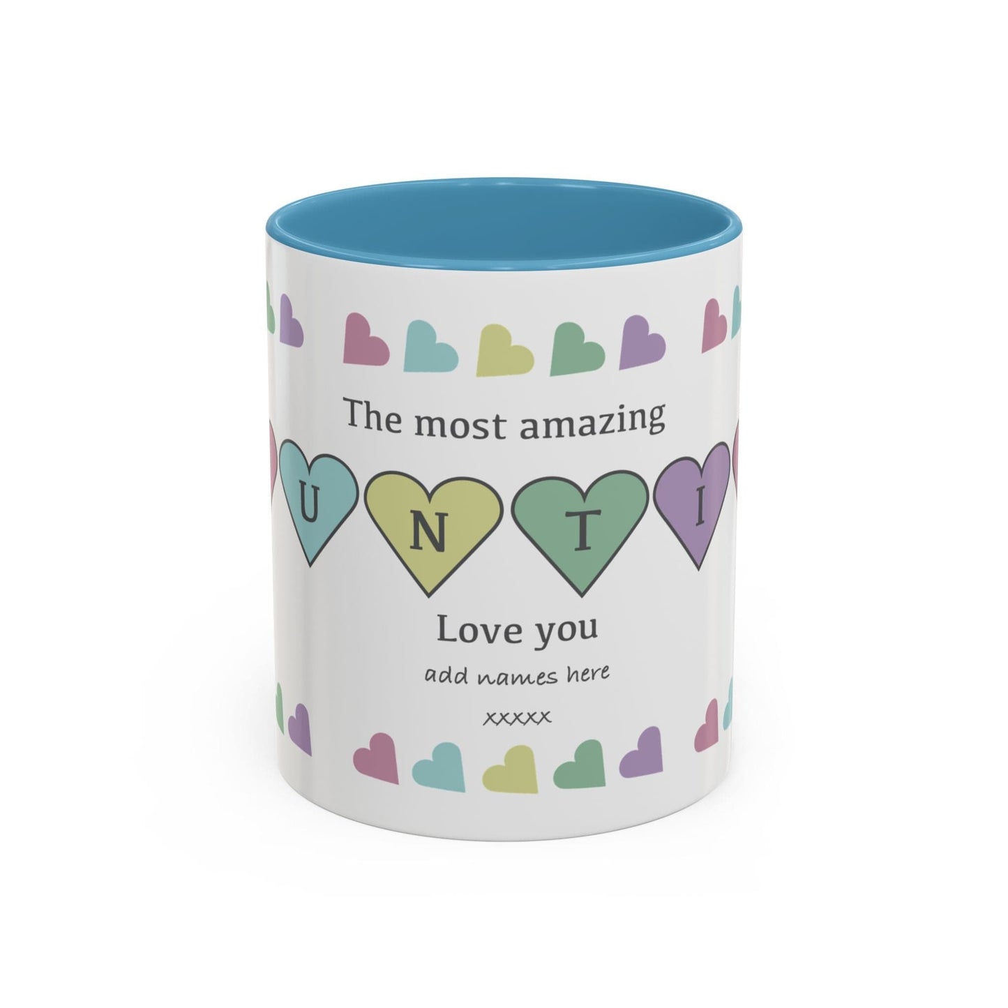 Printify Mug 11oz / Light Blue Mug - Personalised Amazing Auntie Heart Charms With Accent Colours, Pastels