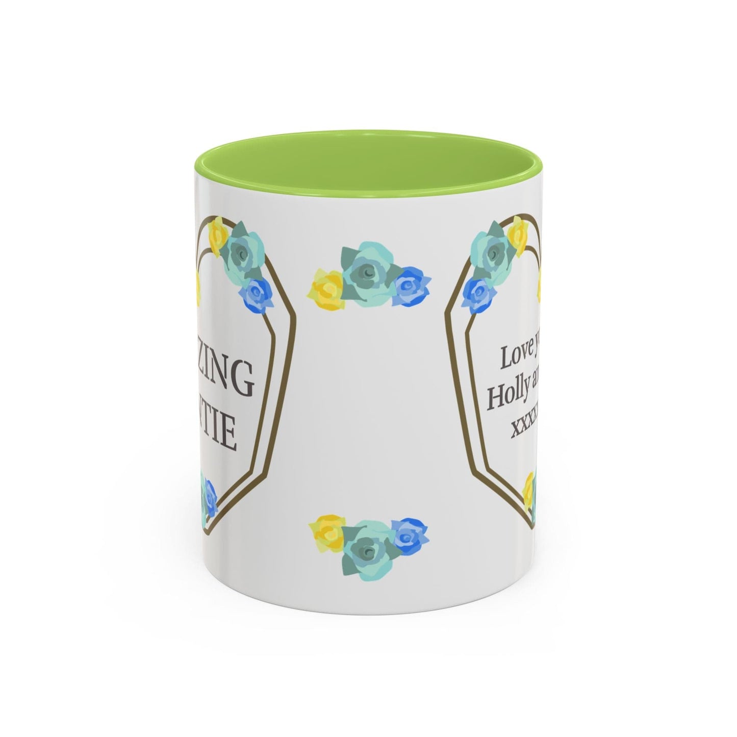 Printify Mug 11oz / Light Green Mug - Personalised Amazing Auntie Floral With Accent Colours, Blue Green Yellow Flowers