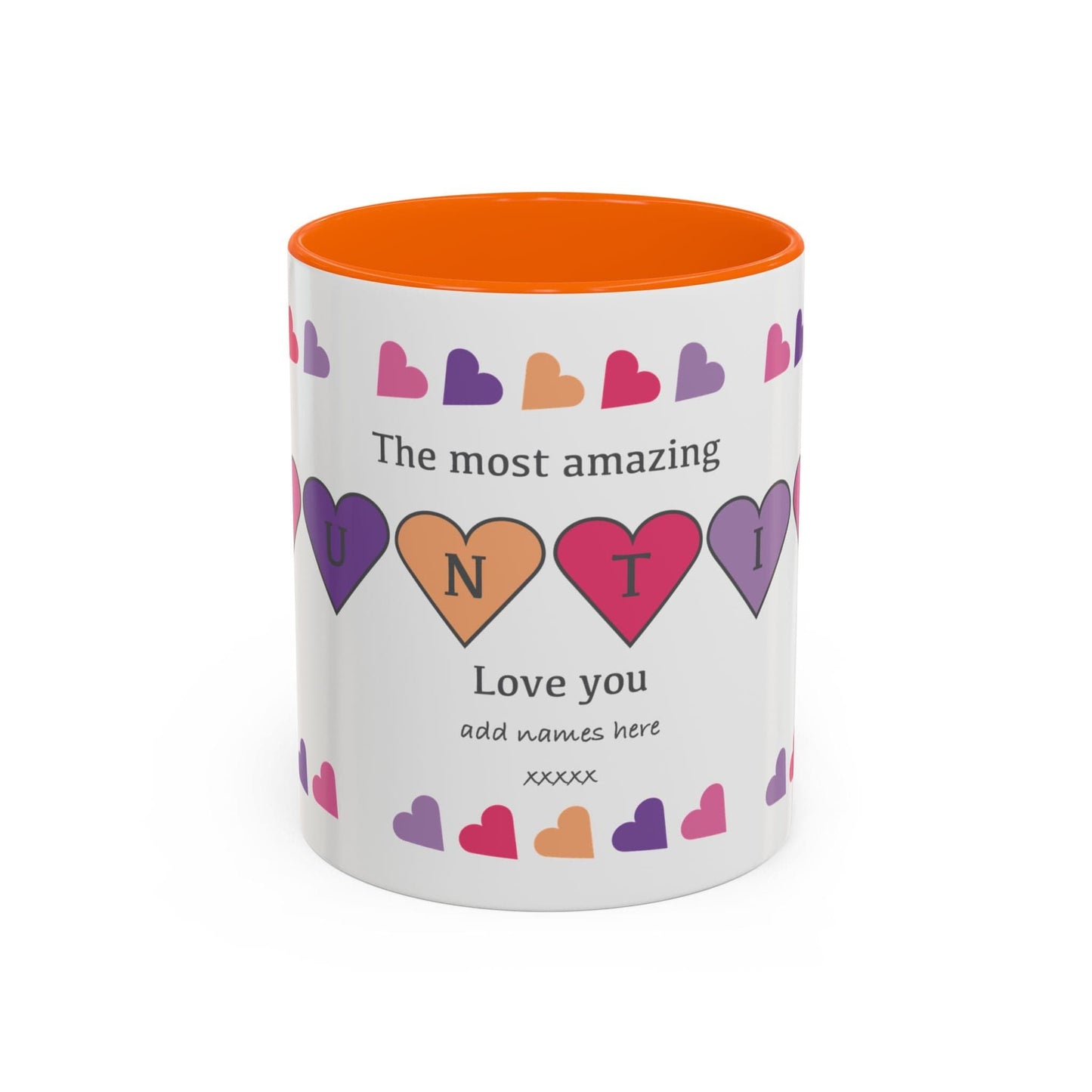 Printify Mug 11oz / Orange Mug - Personalised Amazing Auntie Heart Charms With Accent Colours, Pink, Purple And Orange