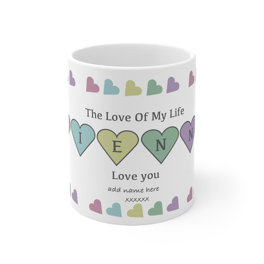 Printify Mug 11oz Personalised Name Love of my life Mug Pastel Hearts