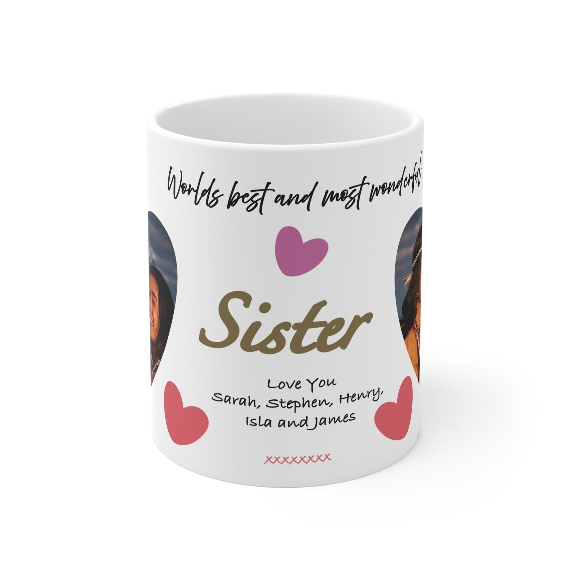 Printify Mug 11oz Personalised Sister Photo In Hearts Mug